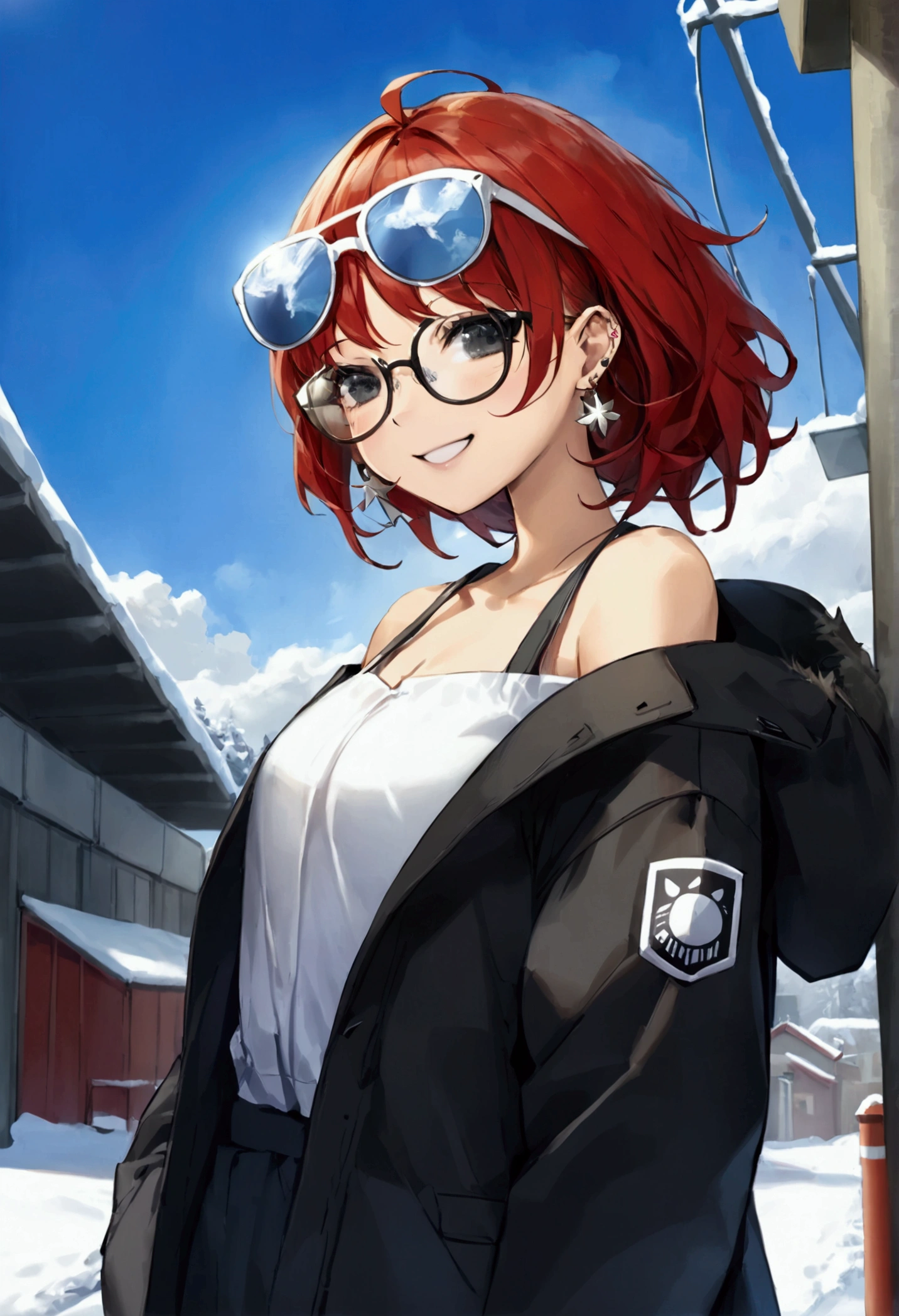 the same,, 1 girl, animal, animal on the shoulder, bird, Black frame glasses, black eyes, black fur, blue sky, urban landscape, clear sky, shelter, day, earrings, hang glasses, paid glasses, fur shelter, jacket, jewelry, by the wide, looking to the side, outdoor, power lines, Red lips, sky, smile, snow, Alone, Sunglasses, white bird, white shelter, winter, winter clothes, , ((masterpiece))