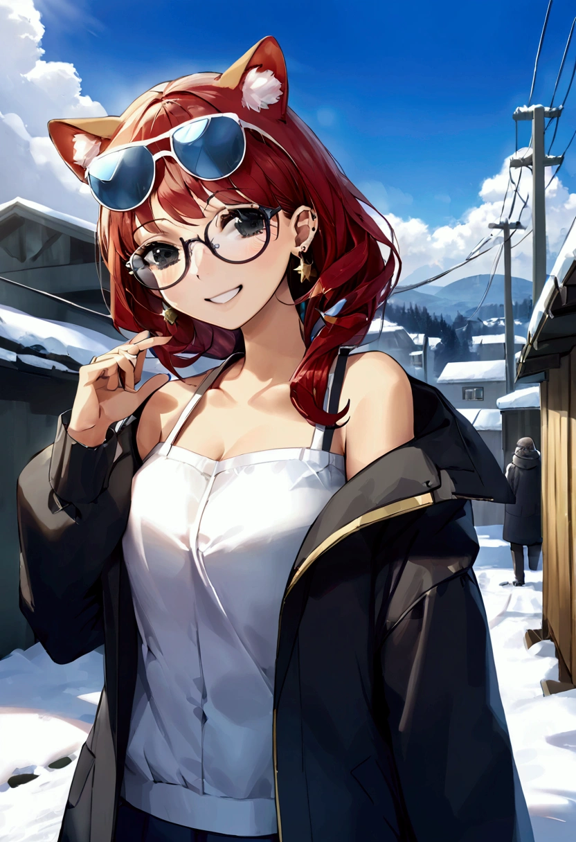 the same,, 1 girl, animal, animal on the shoulder, bird, Black frame glasses, black eyes, black fur, blue sky, urban landscape, clear sky, shelter, day, earrings, hang glasses, paid glasses, fur shelter, jacket, jewelry, by the wide, looking to the side, outdoor, power lines, Red lips, sky, smile, snow, Alone, Sunglasses, white bird, white shelter, winter, winter clothes, , ((masterpiece))
