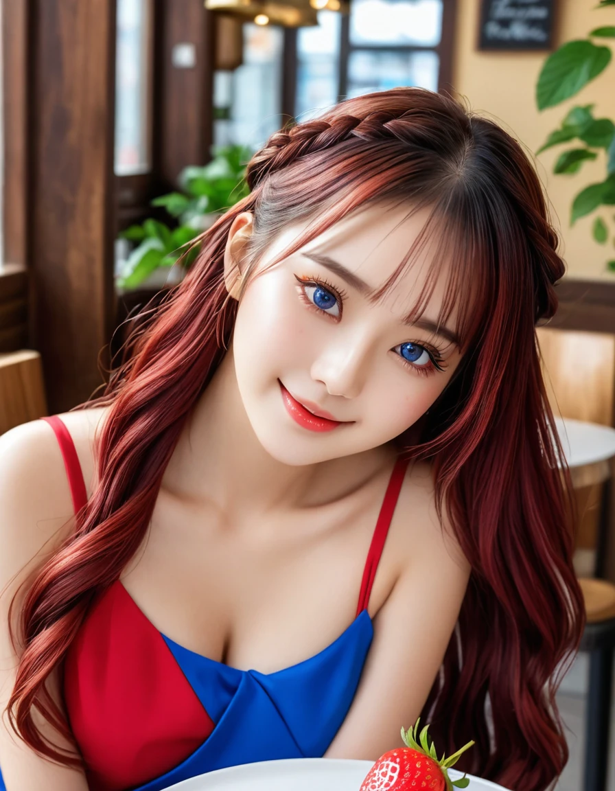 A majestic 20-year-old beauty sits in a charming Korea-inspired café, her stunning multicolored locks styled in a high-end French braid. She dons a vibrant red dress that accentuates her curves, as she indulges in the sweetness of a ripe strawberry. Her very detailed face shines with a bright smile, complemented by her striking blue and brown eyes that sparkle like gemstones. The 8K resolution captures every strand of hair, every freckle on her cheeks, and every eyelash framing her gorgeous gaze, upper body, focus on strawberry, brown eyes, Korean girl, ImgFixerPre0.3