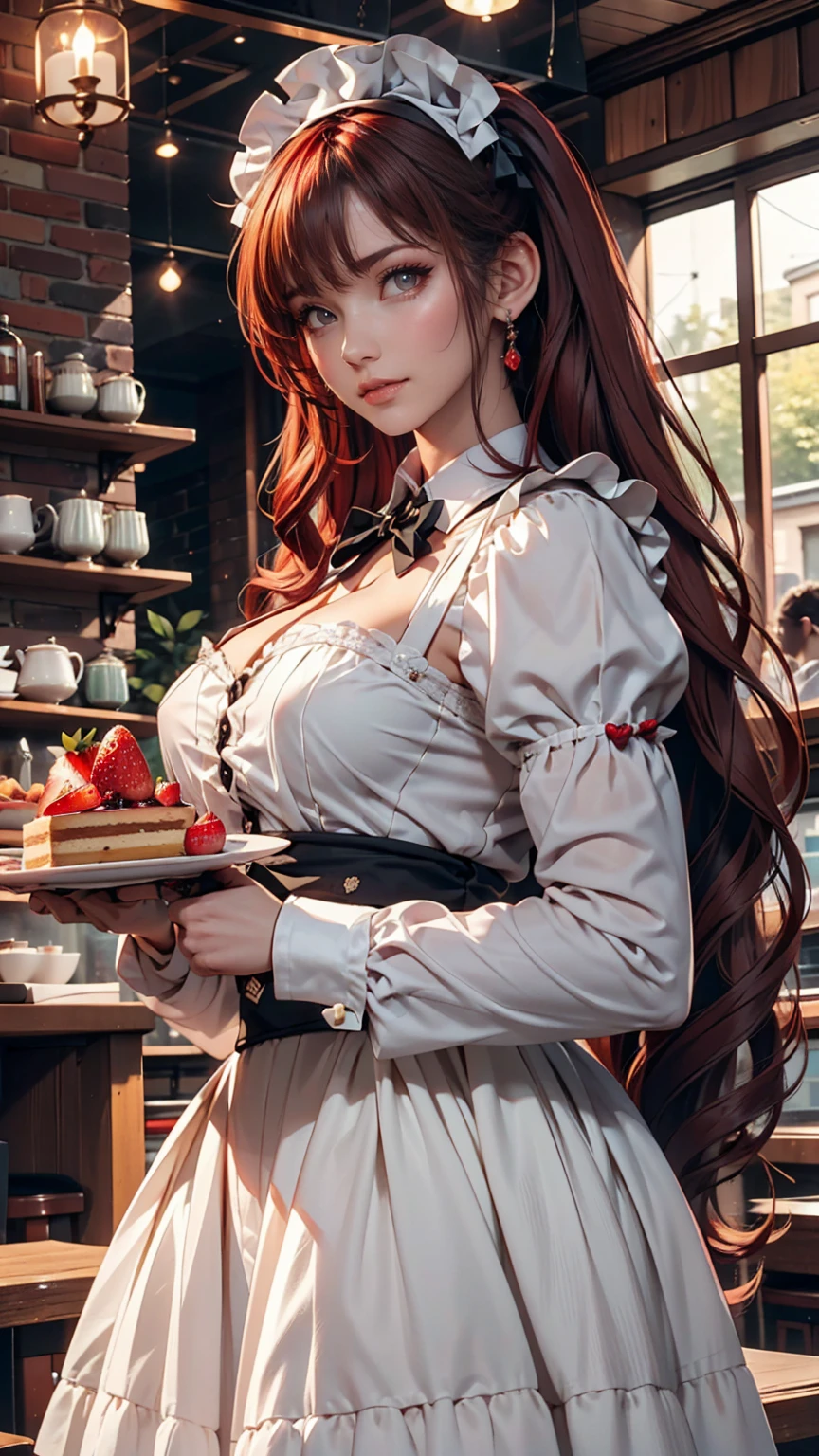 Promotional Photos, The location is a coffee shop, 1 girl, The face of a 16 year old, The waitress is bringing the cake to the table, Red hair twin tails, Kind Face, A strawberry-inspired half-gothic lolita and half-maid costume, White-based clothing,