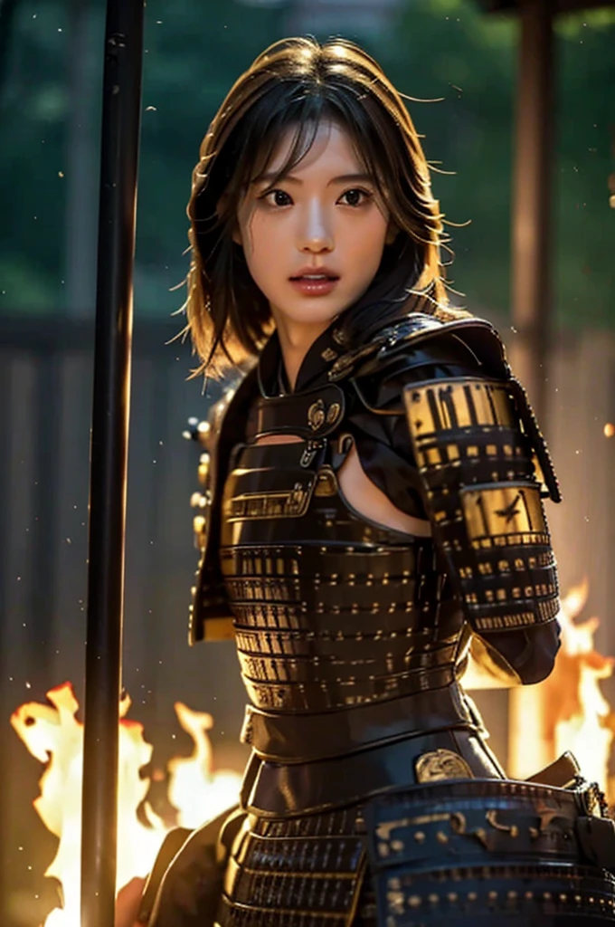 ((kyoto)),(((Battlefield 1:2)))、((((night、Torch fire1:8))))、perfection、8k、((katana))、((Covered in scars))、desperate look、((((My face is stained with sweat and dirt、1:5)))、((((fight))))、((arms))、Big Breasts、、Torch fire、encampment、get a scratch、((samurai armor))、((((((Enthusiast、Command、roar、anger、Roar 1:8))))