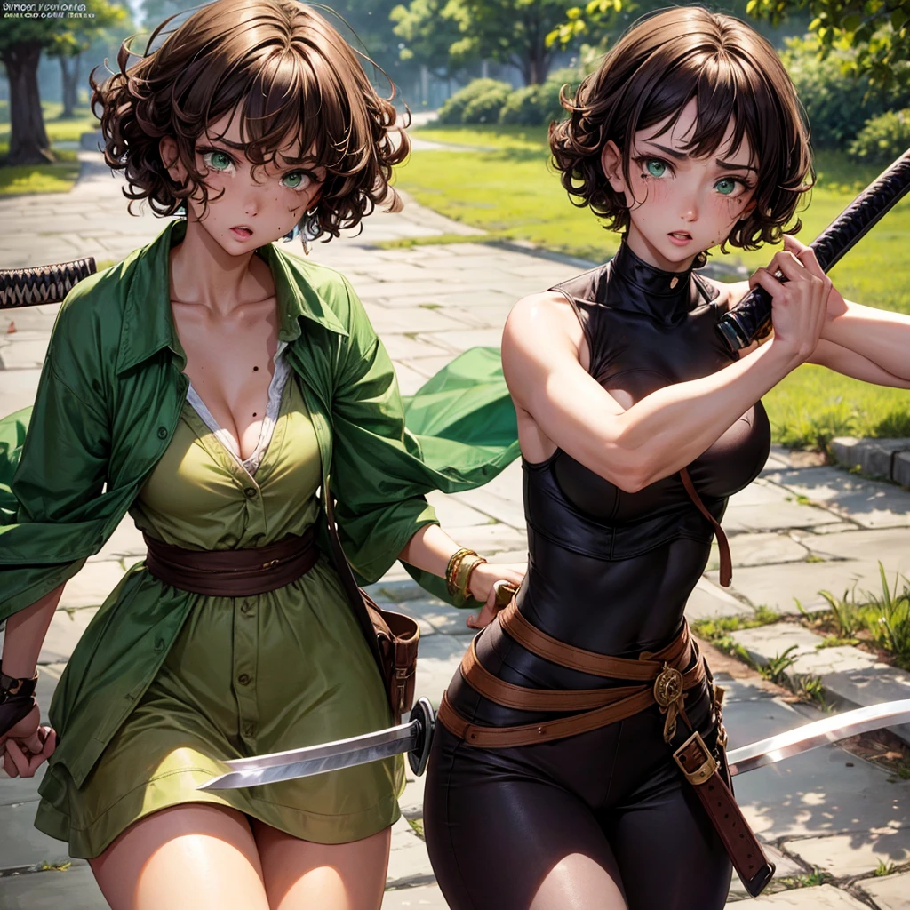 light skin girl, green eyes, short hair, Brown hair, curly hair, moles on the face, dressed provocatively, with a katana in hand. crying, walking.