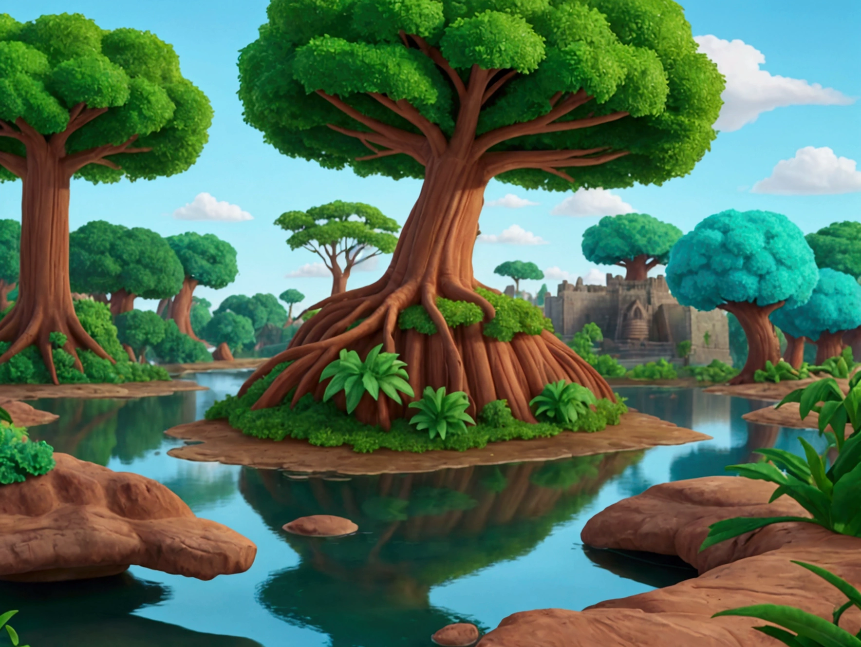 A big place with punk style neon plants with Aztec villages and with big trees in these trees, their roots are like a big neon and the trunk is somewhat colorful., with a river passing by with very clear water, When you look at the reflection of the water, it lights up with neon and the sky has colorful clouds. (neon party) neon lights super neon clarity,