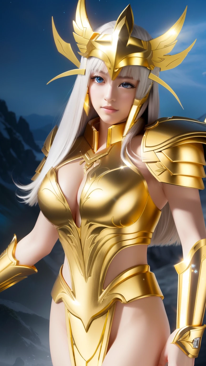 professional , masterpiece、Top quality、Photo-realistic , 、Top quality、Ultra-high resolution、(Photorealistic:1.4)、RAW photos、Depth of Field （Gemstone gold metal body:1.9),(Matte white、Tostock、Cleavage、（Cleavage）、(((Saint Seiya Gold Armor))),（Detailed dragon armor）、（Have the strongest weapon）、（(Random hairstyle 1.6),Dark Fantasy,）explode、Fierce battles、（Steep cliffs),dragon gold weapon,Mysterious Expression、Light Particles、Battle Dragon、（Detailed dragon helmet),Ornate silver weapon ,（（ Dragon&#39;s dense pattern Tianwu treasure wheel）） , Beautiful wheel-shaped weapon ,Warhammer 40k ,Details and gorgeous crowns、（（Blue Hair））、（Castle Background）、、（（Gungar forest background））、Beautiful Asian Japanese cute beauty、１one person、Dynamic Angle,(((With detailed shielding)))、Head high、170 height、a smile、Castle Background、Slender and beautiful female hands、Cleavage、Soldiers in armor in the background、Mysterious Expression、Lighting Effects、Fierce battles、Wind Effect、Magic Circle、With the legendary wand、（Devil Wings）、Tostock、