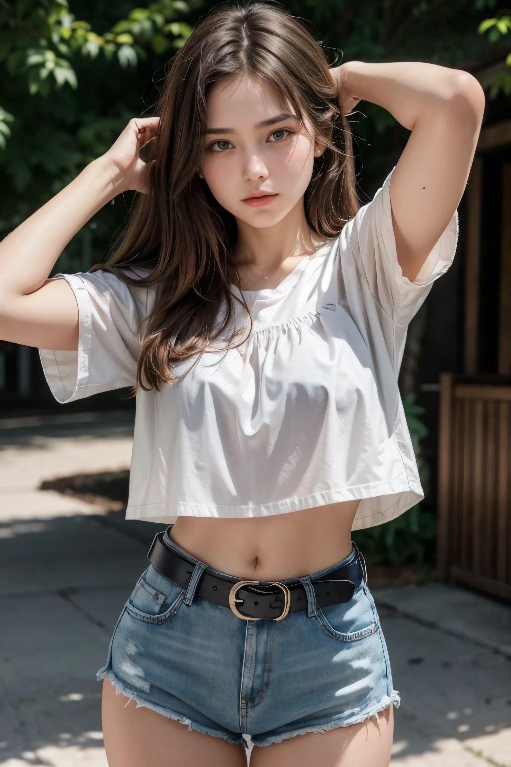 Beautiful 18-year-old brunette girl wearing a blouse with her hands on her head and wearing short, high-waisted denim shorts and a black belt showing her navel