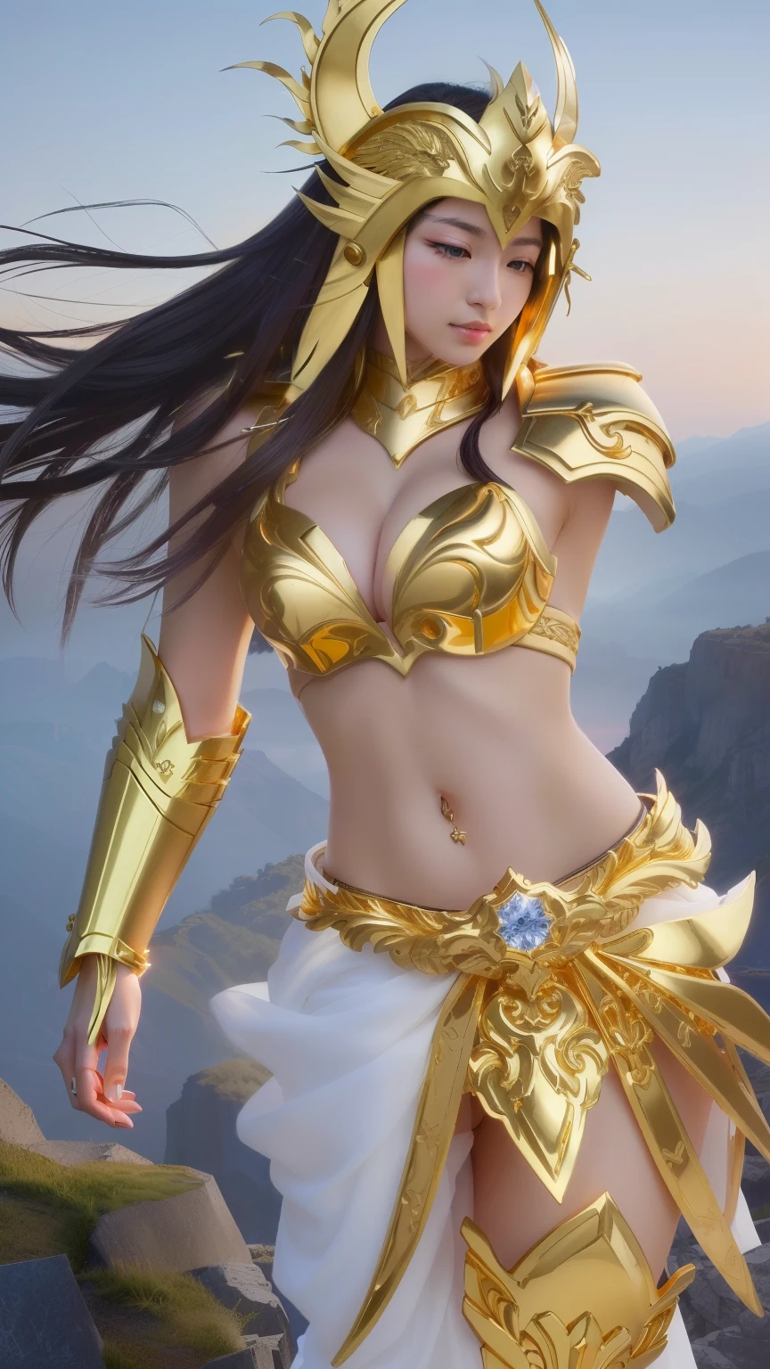 professional , masterpiece、Top quality、Photo-realistic , 、Top quality、Ultra-high resolution、(Photorealistic:1.4)、RAW photos、Depth of Field （Gemstone gold metal body:1.9),(Matte white、Tostock、Cleavage、（Cleavage）、(((Saint Seiya Gold Armor))),（Detailed dragon armor）、（Have the strongest weapon）、（(Random hairstyle 1.6),Dark Fantasy,）explode、Fierce battles、（Steep cliffs),dragon gold weapon,Mysterious Expression、Light Particles、Battle Dragon、（Detailed dragon helmet),Ornate silver weapon ,（（ Dragon&#39;s dense pattern Tianwu treasure wheel）） , Beautiful wheel-shaped weapon ,Warhammer 40k ,Details and gorgeous crowns、（（Blue Hair））、（Castle Background）、、（（Gungar forest background））、Beautiful Asian Japanese cute beauty、１one person、Dynamic Angle,(((With detailed shielding)))、Head high、170 height、a smile、Castle Background、Slender and beautiful female hands、Cleavage、Soldiers in armor in the background、Mysterious Expression、Lighting Effects、Fierce battles、Wind Effect、Magic Circle、With the legendary wand、（Devil Wings）、Tostock、