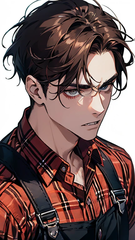 Portrait, frontal ,standing , killer, male focus , v-taper body, rough{cut short hairstyle, very dark brown hair,
Empty eyes, rings under the eyes, pale skin, sharp teeth} (handsome) , pretty perfect face, wearing a red and black checked flannel shirt, blue dungarees , BREAK (masterpiece) best quality, highest detail, superior quality, natural lighting, white background