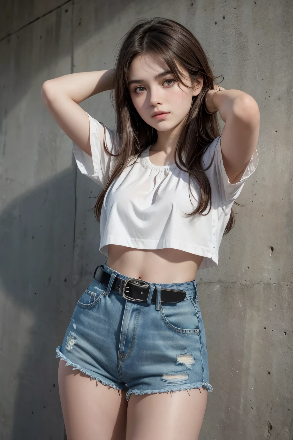 Beautiful 18-year-old brunette girl wearing a blouse with her hands on her head and wearing short, high-waisted denim shorts and a black belt showing her navel
