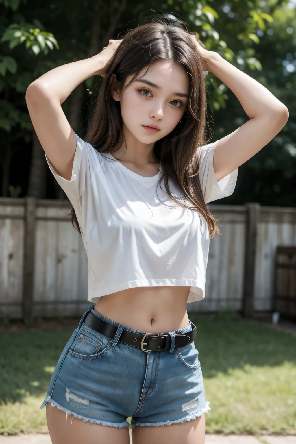 Beautiful 18-year-old brunette girl wearing a blouse with her hands on her head and wearing short, high-waisted denim shorts and a black belt showing her navel