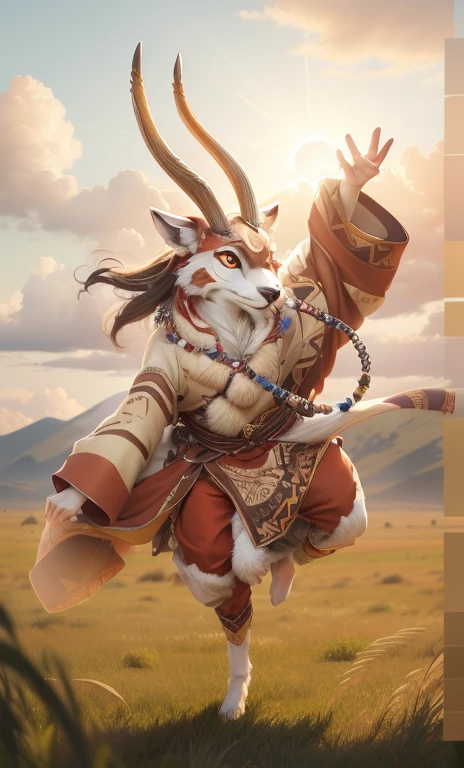 best quality,Super detailed,actual,(portrait,photo-actual:1.37),(hairy:1.1),(Humanity:1.1) High resolution, 8k, masterpiece,, Super detailed, mammal, Antelope male，whole body，National style totem，ethnic jewelry，red coat，Dance，清澈的sky空, movie lighting, sky, sunny sky,，grassland， horizon background,(Antelope fur:1.1,hairy質感:1.2), (Natural background:1.1,高地grassland:0.9), (Soft natural light:1.1), (Detailed facial features:1.1,expressive eyes:1.2), (calm and serene expression:1.1), (Flowing and layered clothing:1.1), (Gorgeous and intricate accessories:1.1), fine fur, delicate eyes, Smiling