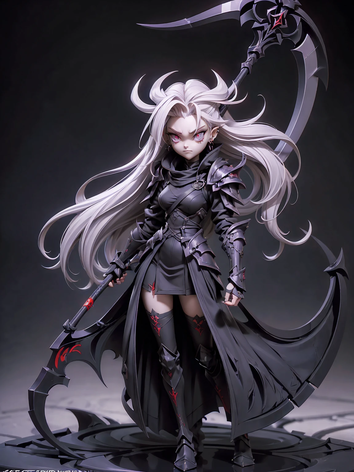 (((Masterpiece, best quality, 16k))) female character with long white hair and piercing red eyes. She wears a demonic armor in purple, black, and white. wields a large, stylized scythe. The character has a menacing expression, with a chaotic environment as the background. ((full body front view)). ((slender)), (extremely detailed:1.5), (long white hair:1.2), (piercing red eyes:1.2), (chaotic environment:1.1), (demonic armor:1.3), (stylized scythe:1.3).