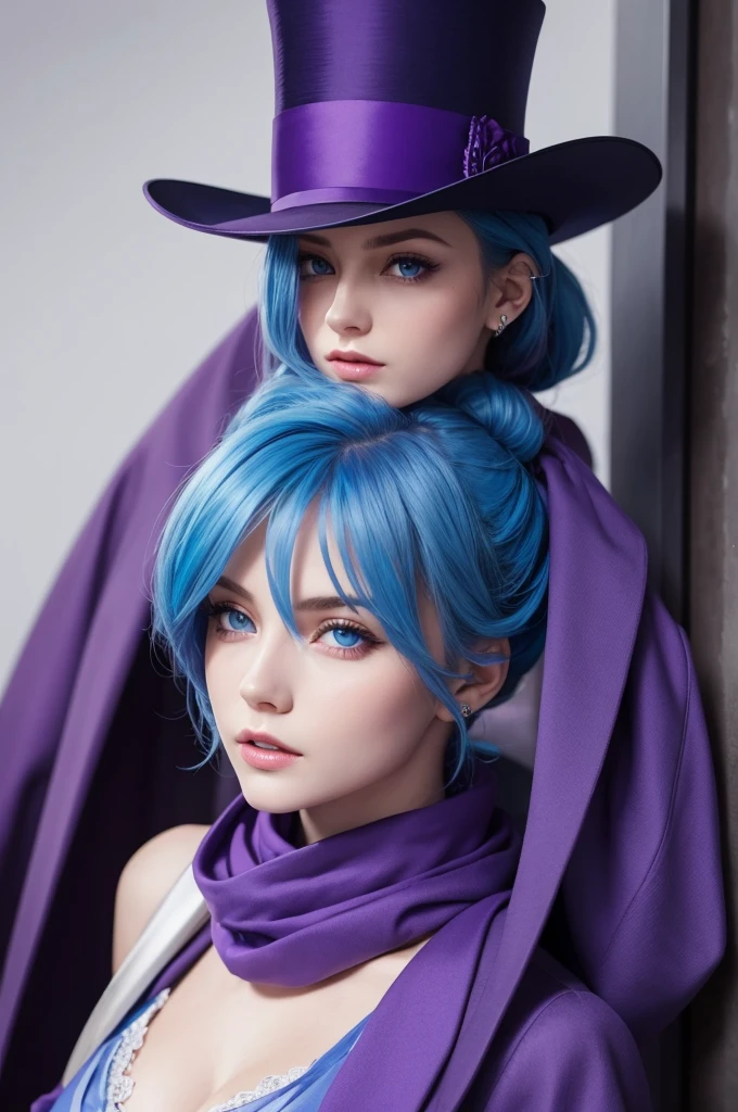Perfect woman, blue hair, blue eyes, purple top hat, purple suit, blue scarf