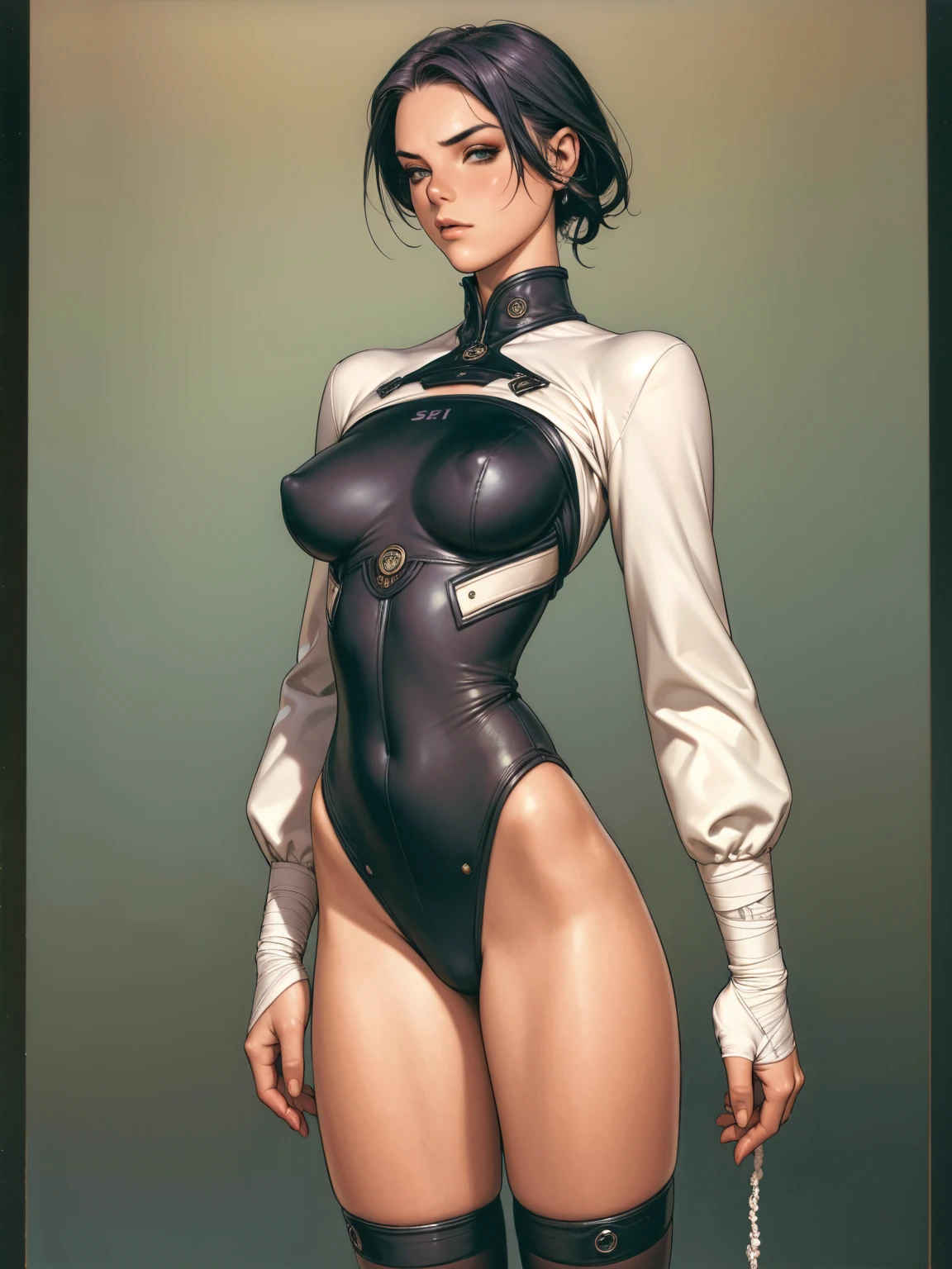 (((Annie Lennox))), ((( general suit ))), (((Bandaged body))), ((high collar)), (((dark bluish green))), (((best qualityer: 1.4))), (Unbeatable masterpiece), (hiper HD),(CG 8k hyper-realistic), (((brave face))), (((breasts big))), (((hyper feminine))), sexly girl, Tron,(black bob hair)), ((( sculptural body ))), (((1 Kizi))), Kizi cibernética de 25 anos com perfectbody,,Beautiful and well-groomed face,muscular body:1.2,solid color detailed jacket, (Head to thigh photos), Complex equipment, green dark,Long pants,Tight clothes are dark,With white stars and off-white stripes,,,,,Armor Metal Electronic Parts, Poison tattoos ) INFO, Kizi, (((standing alone))), pirralha violent, ((())), sexly, pose de atitude, work of art, post-apocalypse, (((manga style))), bounty hunter, violent, Manic, the way you want, slenderbody, thin but strong, perfectbody, roupa moderna, advanced technology, neon, sleeves with vertical striped pattern, neutral background, (( cowboy shot )). intricate visual
