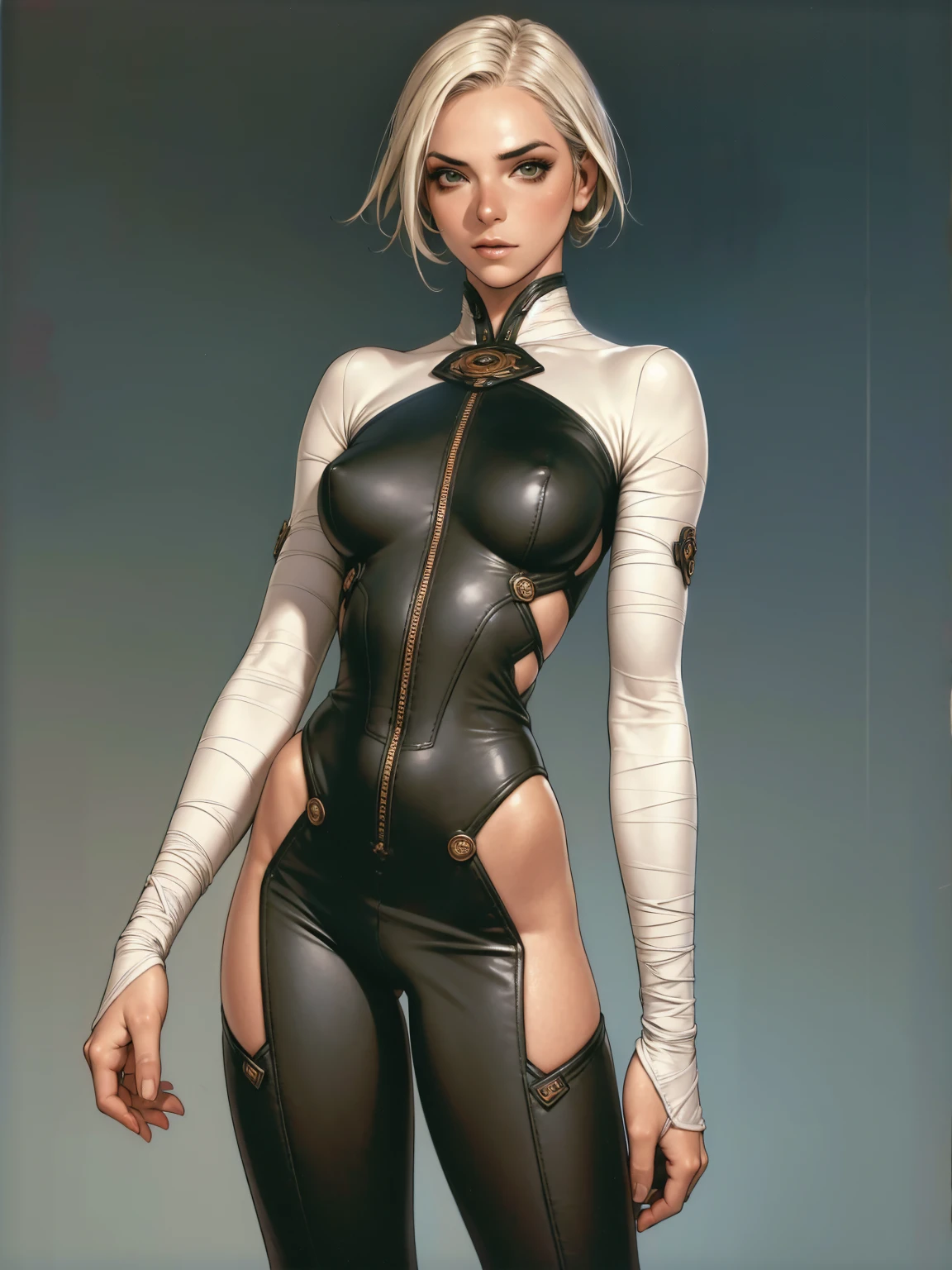 (((Annie Lennox))), ((( general suit ))), (((Bandaged body))), ((high collar)), (((dark bluish green))), (((best qualityer: 1.4))), (Unbeatable masterpiece), (hiper HD),(CG 8k hyper-realistic), (((brave face))), (((breasts big))), (((hyper feminine))), sexly girl, Tron,(black bob hair)), ((( sculptural body ))), (((1 Kizi))), Kizi cibernética de 25 anos com perfectbody,,Beautiful and well-groomed face,muscular body:1.2,solid color detailed jacket, (Head to thigh photos), Complex equipment, green dark,Long pants,Tight clothes are dark,With white stars and off-white stripes,,,,,Armor Metal Electronic Parts, Poison tattoos ) INFO, Kizi, (((standing alone))), pirralha violent, ((())), sexly, pose de atitude, work of art, post-apocalypse, (((manga style))), bounty hunter, violent, Manic, the way you want, slenderbody, thin but strong, perfectbody, roupa moderna, advanced technology, neon, sleeves with vertical striped pattern, neutral background, (( cowboy shot )). intricate visual