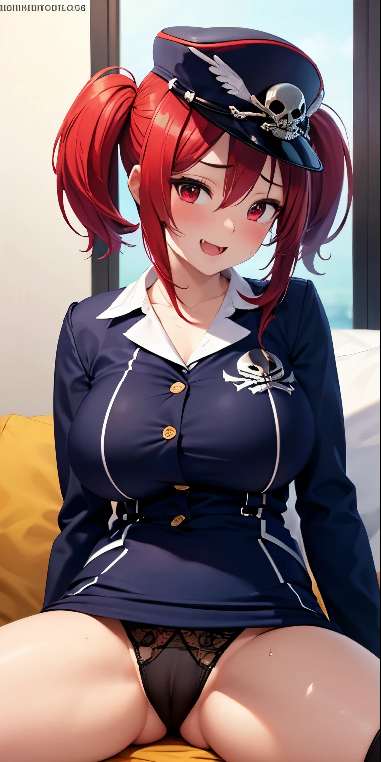 1 Female,High definition,high resolution,Ultra-realistic,8K, 1girl, solo, red hair, red eyes, twintails, employee uniform, pencil skirt, skull print, navy cap, fang, black legwear, white gloves,European,sexy,Upper body close-up,Photographed from the front,Dynamic Angles,blush, big tits , happy, wink the eye,facial, sweat,(wide thighs:1.4),(black panties),(show panties),(spread legs),(cameltoe),huge tits