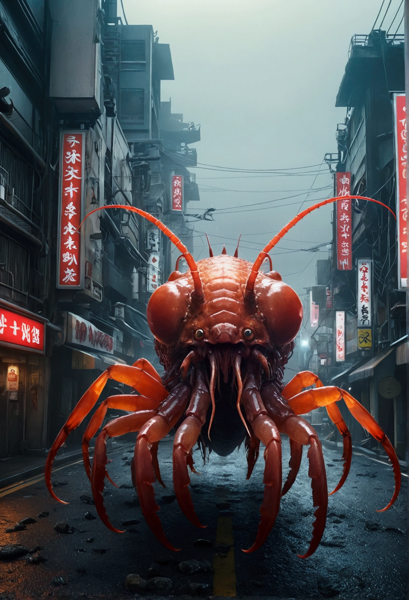 Best Quality, masterpiece, ultra high resolution, Super huge and ferocious monster.(sea shrimp),Hidden in a thick fog,Realistic style,scary atmosphere,Bloody red eyes, broken streets, broken cities, the ground is covered with gravel, Billboards for broken octopus carcasses,Monsters descend on Tokyo Tower, Invaders from Japan, Tokyo landmark,desperate end of the world,8k, A cinematic scene, From a top down perspective (light and shadow effect),(depth of field effect),(Tyndall),(Light particle tracking),(CG),(Horror Movie Lighting Visual Effects.),(volumetric lighting),(bright colors)