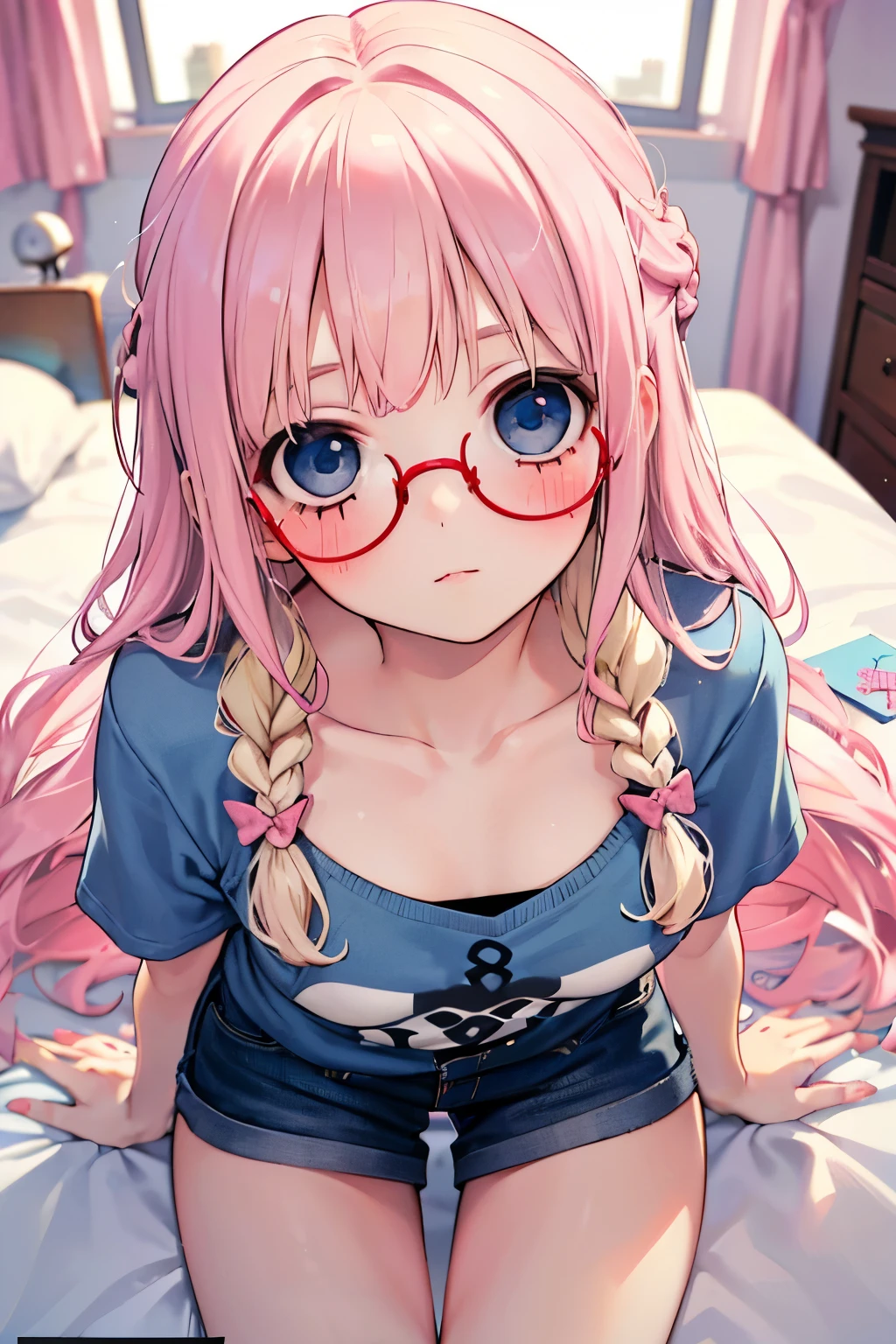 LightBlue Eyes,Very thin thighs,Summer clothes, highest quality,((Blonde girl)),(braid hair:1.1),red cheek),Glasses,close-up Face,kiss face,(💌:1.2),(Confession:1.2),(pink bed room:1.2),(Magazine back cover:1.1),((🔞:1.2)),(back style:1.2).