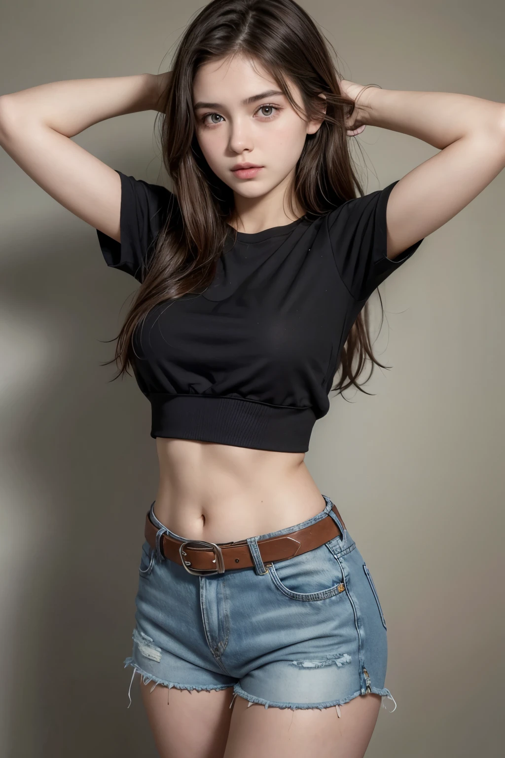 Beautiful 18-year-old brunette girl wearing a blouse with her hands on her head and wearing short, high-waisted denim shorts and a black belt showing her navel