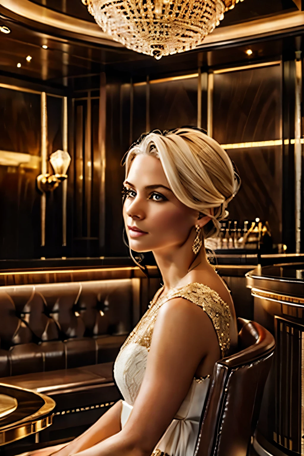 A beautiful woman with white hair, gold eyes, and fair skin, wearing white clothes, looking up with a side braid, in an upscale Gentleman's club, (best quality,4k,8k,highres,masterpiece:1.2),ultra-detailed,(realistic,photorealistic,photo-realistic:1.37),intricate details,highly detailed face,elegant pose,soft lighting,warm colors,luxurious interior,depth of field,cinematic