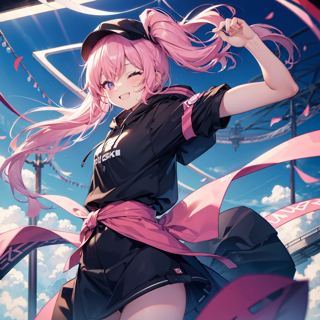 One woman,Best Influencers((Taking a selfie,High angle, wearing a black cap)) background(amusement park,Ferris wheel) Super smile,Smiling with teeth showing,V sign pink hair,Side ponytail Pink eyes,Shiny hoodie,Pink accent anime style,Japan Shining Eyes,A masterpiece Shining edges