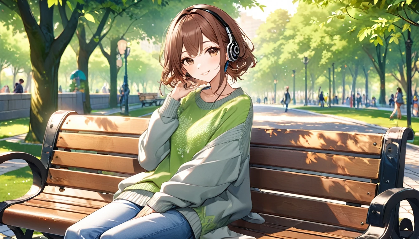 Brown-haired girl wearing headphones、Background of scene of relaxing on bench in city park:Urban park bench expression:Gentle smile costume:Casual jeans and sweater posing:Sitting on a bench、A relaxing scene:Relax in the tranquility and greenery of an urban park
(Detailed fingers), (Emotional), (Breathtakingly beautiful), (main part:1.2 Whole body), (Anime Style), (Very detailed), (超High resolution, High resolution), (8k), (Complex and beautiful: 1.2)