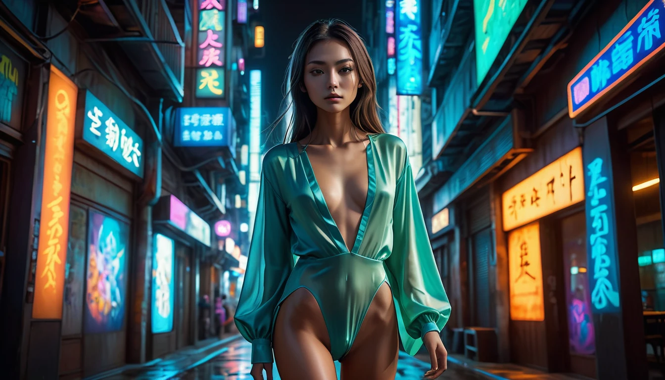 Top Quality, Masterpiece, High Resolution, 8k, (((cute skinny slender woman in oversized silky blouse with plunging neckline, wide neckline, deep v-neck, small perky breasts, beautiful detailed eyes, beautiful detailed lips, small closed mouth, extremely detailed face, tanned skin, random long hair style, small hips))), cyberpunk apartment, moody atmosphere, dramatic and random neon colors, futuristic setting, intricate details, at night, backlit, random neon color, full body shot, view from distance, Sexy standing pose, full-body portraits, Random nudity all over the body