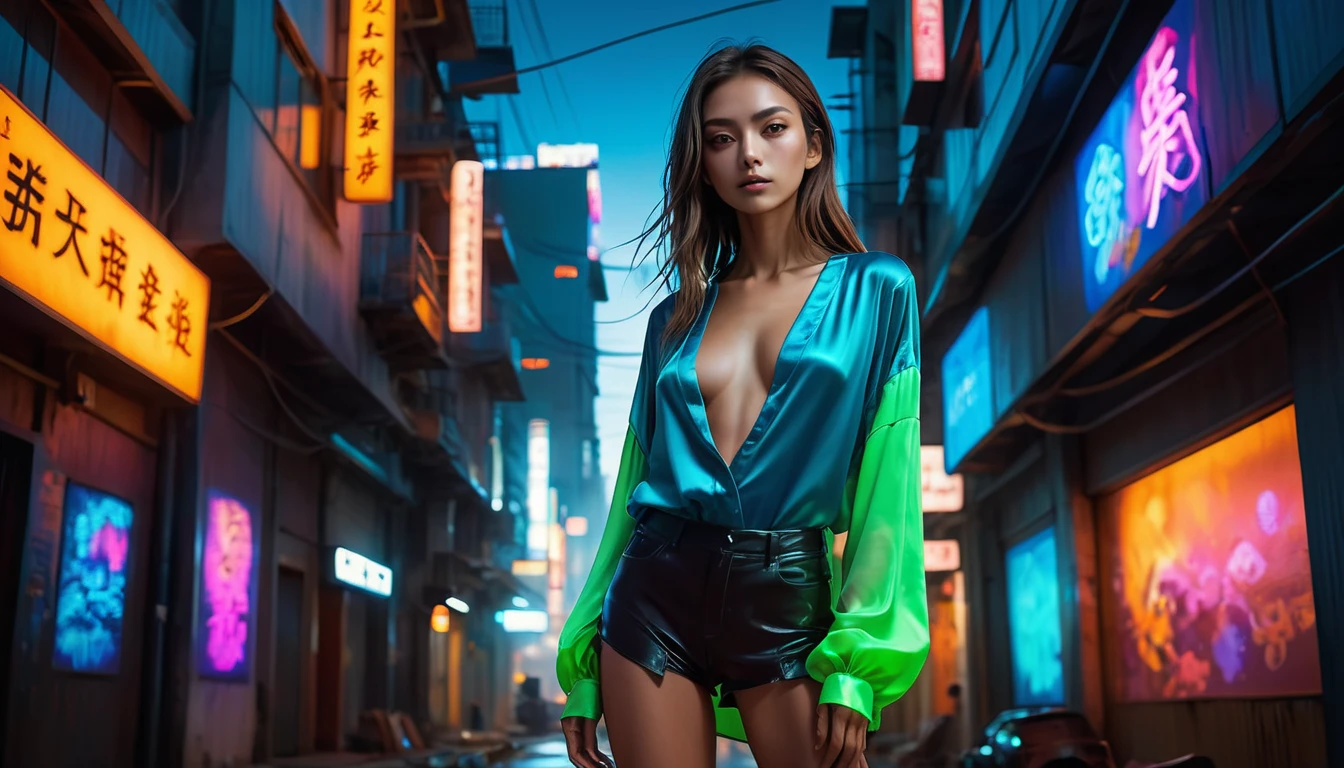 Top Quality, Masterpiece, High Resolution, 8k, (((cute skinny slender woman in oversized silky blouse with plunging neckline, wide neckline, deep v-neck, small perky breasts, beautiful detailed eyes, beautiful detailed lips, small closed mouth, extremely detailed face, tanned skin, random long hair style, small hips))), cyberpunk apartment, moody atmosphere, dramatic and random neon colors, futuristic setting, intricate details, at night, backlit, random neon color, full body shot, view from distance, Sexy standing pose, full-body portraits, Random nudity all over the body