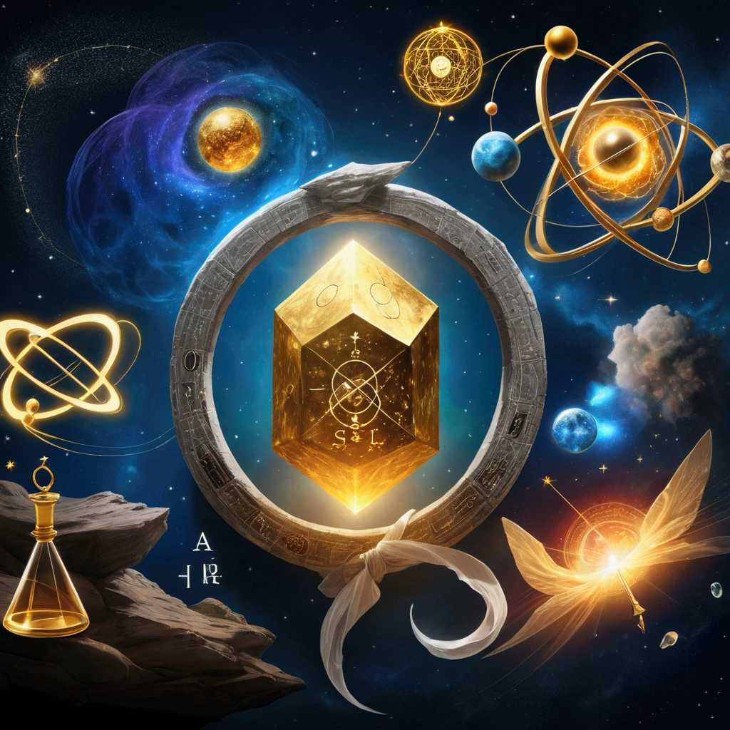 Create an illustration that combines elements of Alchemy and Modern Physics. In the center of the image, place a representation of the Philosopher’s Stone, with ancient alchemical symbols surrounding it, such as gold, mercury, and sulfur, as well as the Ouroboros symbol. In the background, integrate modern scientific elements, such as equations from Quantum Mechanics and General Relativity (e.g., Schrödinger’s equation and Einstein’s field equation). To the right of the Philosopher’s Stone, represent the search for the Theory of Everything, with illustrations of strings from String Theory or diagrams of subatomic particles. Use a mystical and scientific color palette, such as gold for alchemy and blue/gray for modern science, to create a visual fusion that symbolizes the union of these two fields of knowledge.