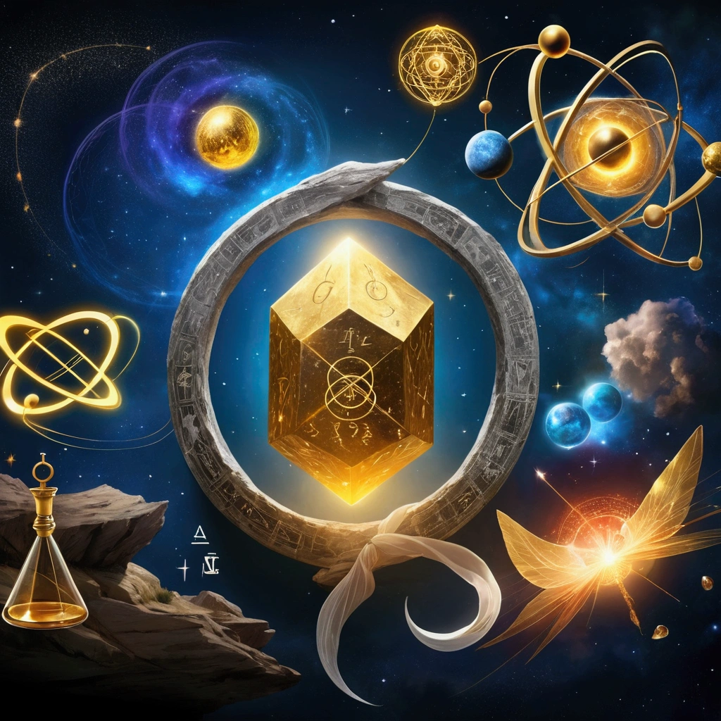 Create an illustration that combines elements of Alchemy and Modern Physics. In the center of the image, place a representation of the Philosopher’s Stone, with ancient alchemical symbols surrounding it, such as gold, mercury, and sulfur, as well as the Ouroboros symbol. In the background, integrate modern scientific elements, such as equations from Quantum Mechanics and General Relativity (e.g., Schrödinger’s equation and Einstein’s field equation). To the right of the Philosopher’s Stone, represent the search for the Theory of Everything, with illustrations of strings from String Theory or diagrams of subatomic particles. Use a mystical and scientific color palette, such as gold for alchemy and blue/gray for modern science, to create a visual fusion that symbolizes the union of these two fields of knowledge.
