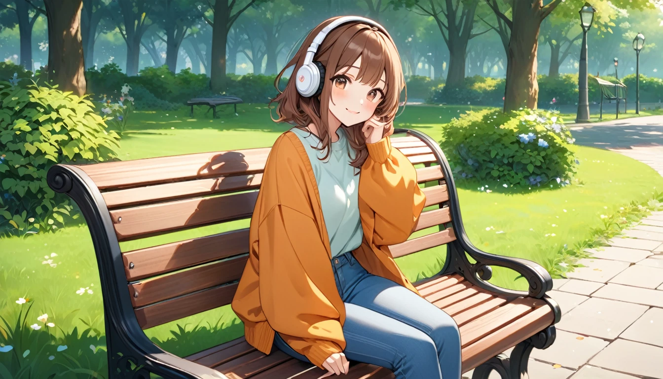 Brown-haired girl wearing headphones、Background of scene of relaxing on bench in city park：Urban park bench expression：Gentle smile costume：Casual jeans and sweater posing：Sitting on a bench、A relaxing scene：Relax in the tranquility and greenery of an urban park
(Detailed fingers), (Emotional), (Breathtakingly beautiful), (main part:1.2 Whole body), (Anime Style), (Very detailed), (超High resolution, High resolution), (8k), (Complex and beautiful: 1.2)
