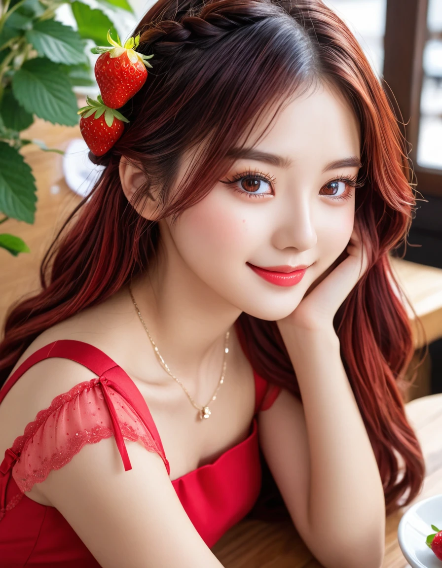 A majestic 20-year-old beauty sits in a charming Korea-inspired café, her stunning multicolored locks styled in a high-end French braid. She dons a vibrant red dress that accentuates her curves, as she indulges in the sweetness of a ripe strawberry. Her very detailed face shines with a bright smile, complemented by her striking brown and black eyes that sparkle like gemstones. The 8K resolution captures every strand of hair, every freckle on her cheeks, and every eyelash framing her gorgeous gaze, upper body, focus on strawberry, Korean girl, ImgFixerPre0.3