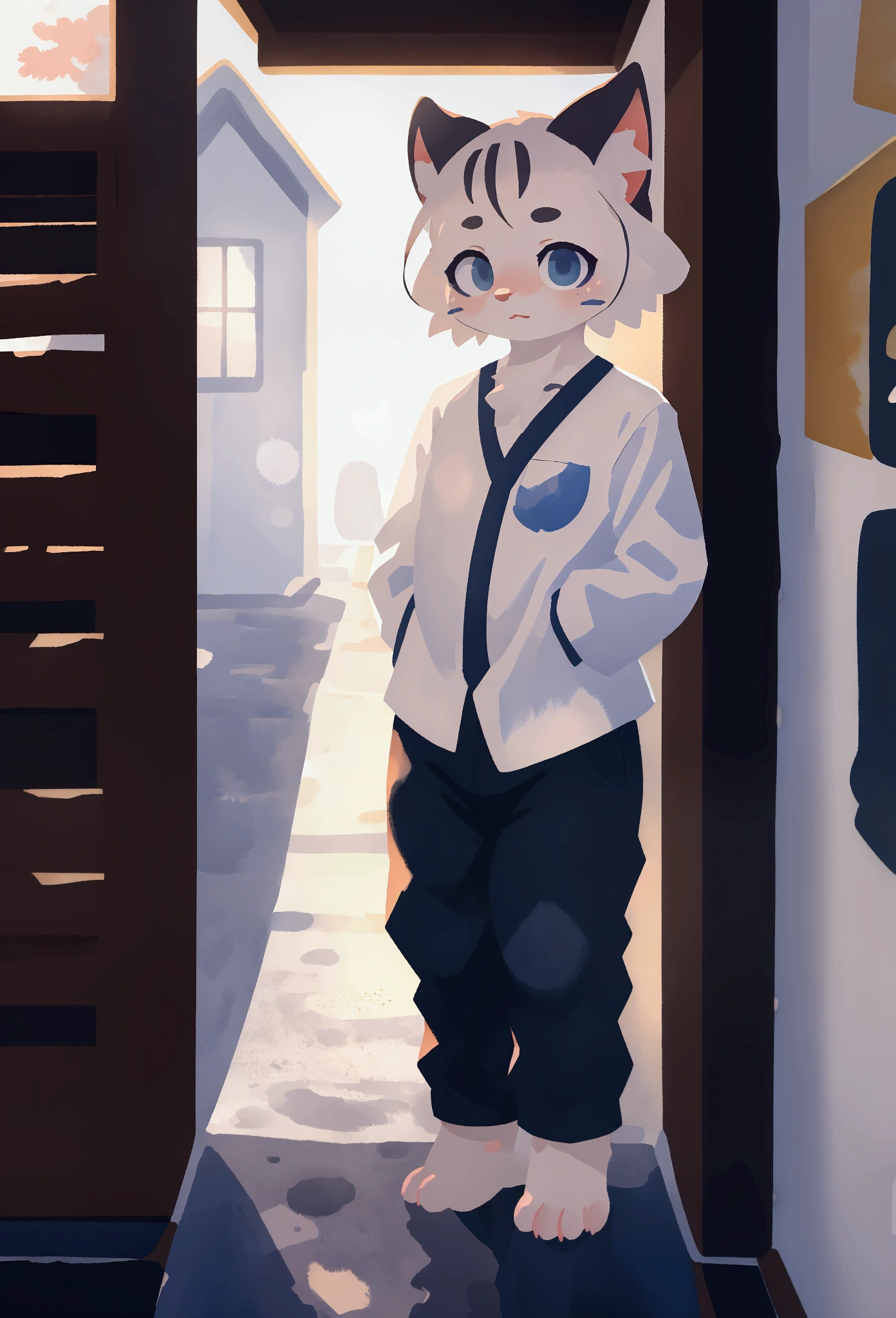 (kemono, white fur, white shirt, pants, cat ears, standing, blue eyes, watercolor, by Hasui Kawase, detailed background, detailed foreground, best quality, 4k, 8k, highres, masterpiece:1.2, ultra-detailed, realistic, photorealistic:1.37, HDR, UHD, studio lighting, ultra-fine painting, sharp focus, physically-based rendering, extreme detail description, professional, vivid colors, bokeh)