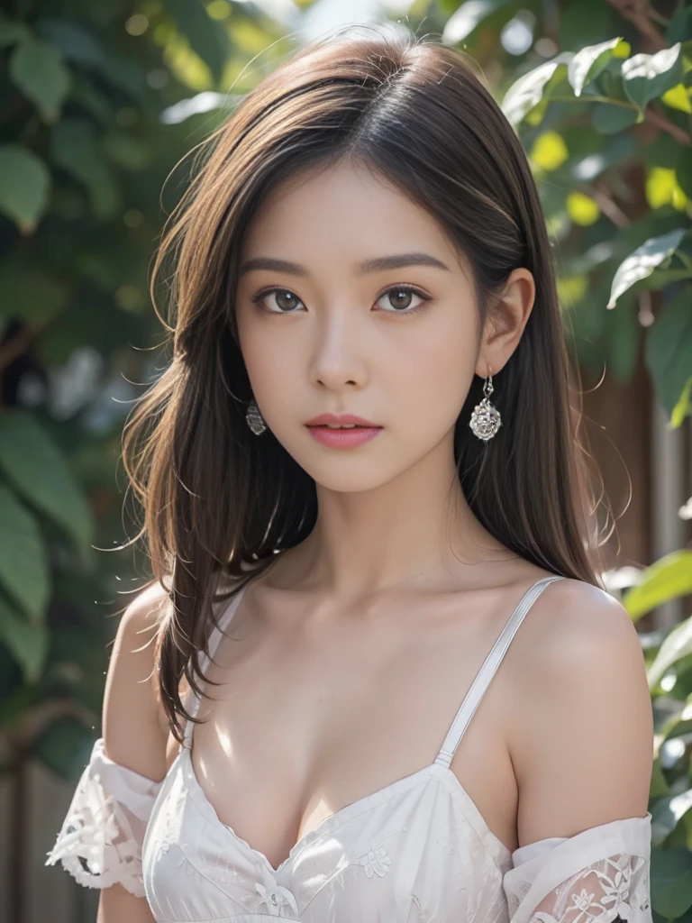 Extremely realistic bras and underwear,(Highest quality, masterpiece), One girl, beautiful girl, brown_eye, ((hair color [Silver hair], [前hairありのピクシーカット] hair)), Earrings, lips, Short sleeve,Realistic, Tight waist, Charm, Colorful Makeup, Long eyelashes, Fair skin, (cute), (Detailed face), 詳細ed eye, Detailed iris, 