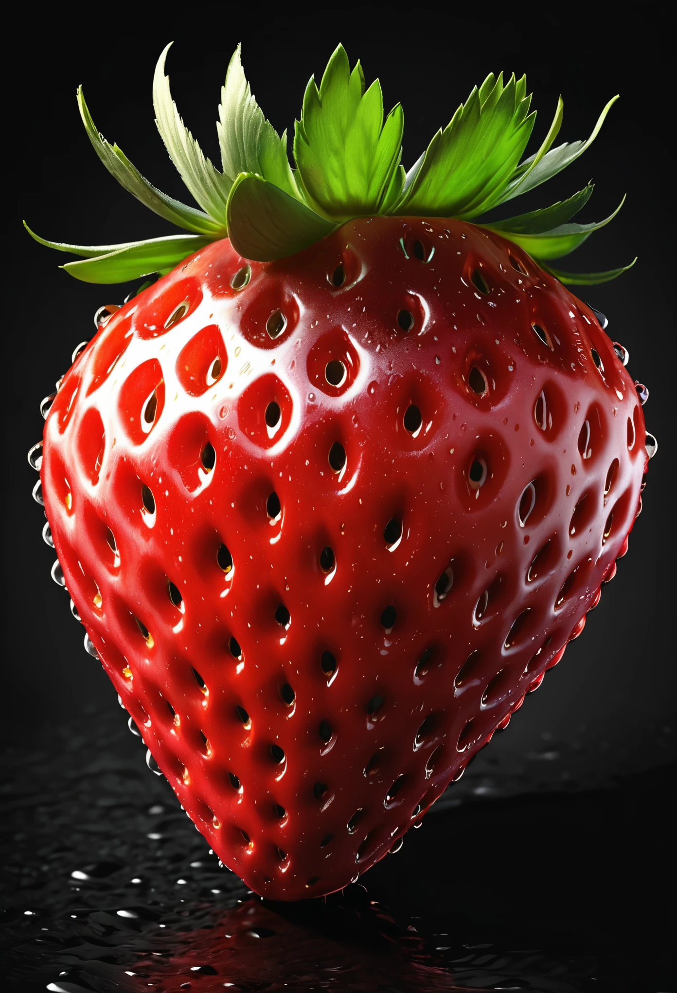 a giant single strawberry, fresh effect, shading effects, gradation magic effects, background black shine, (ultra detailed, absolutely resolution, best quality:1.3), 2.5D, delicate and dynamic, artistic photography, hyper realistic