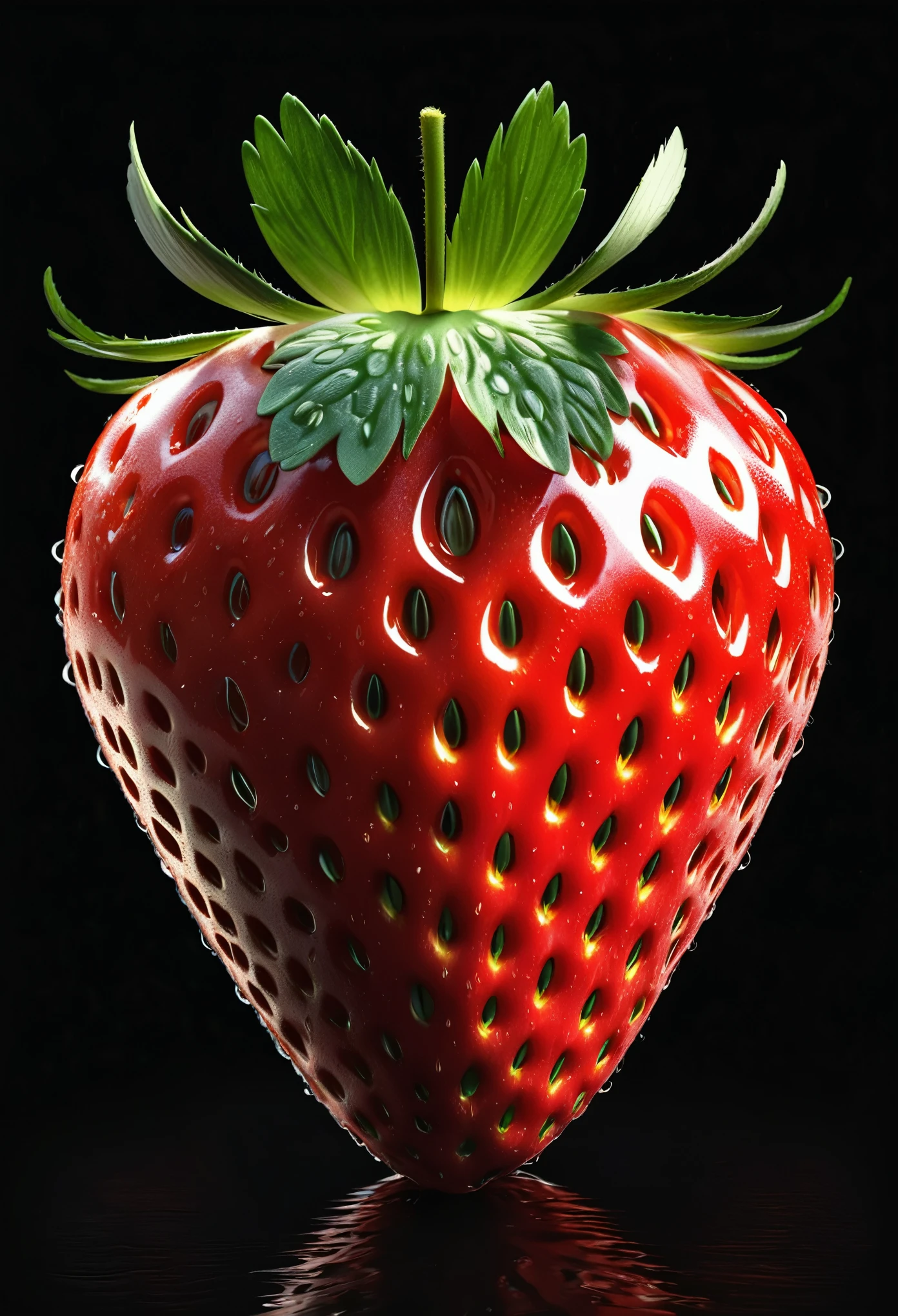 a giant single strawberry, fresh effect, shading effects, gradation magic effects, background black shine, (ultra detailed, absolutely resolution, best quality:1.3), 2.5D, delicate and dynamic, artistic photography, hyper realistic, graphic CG digital art, conceptual installation art