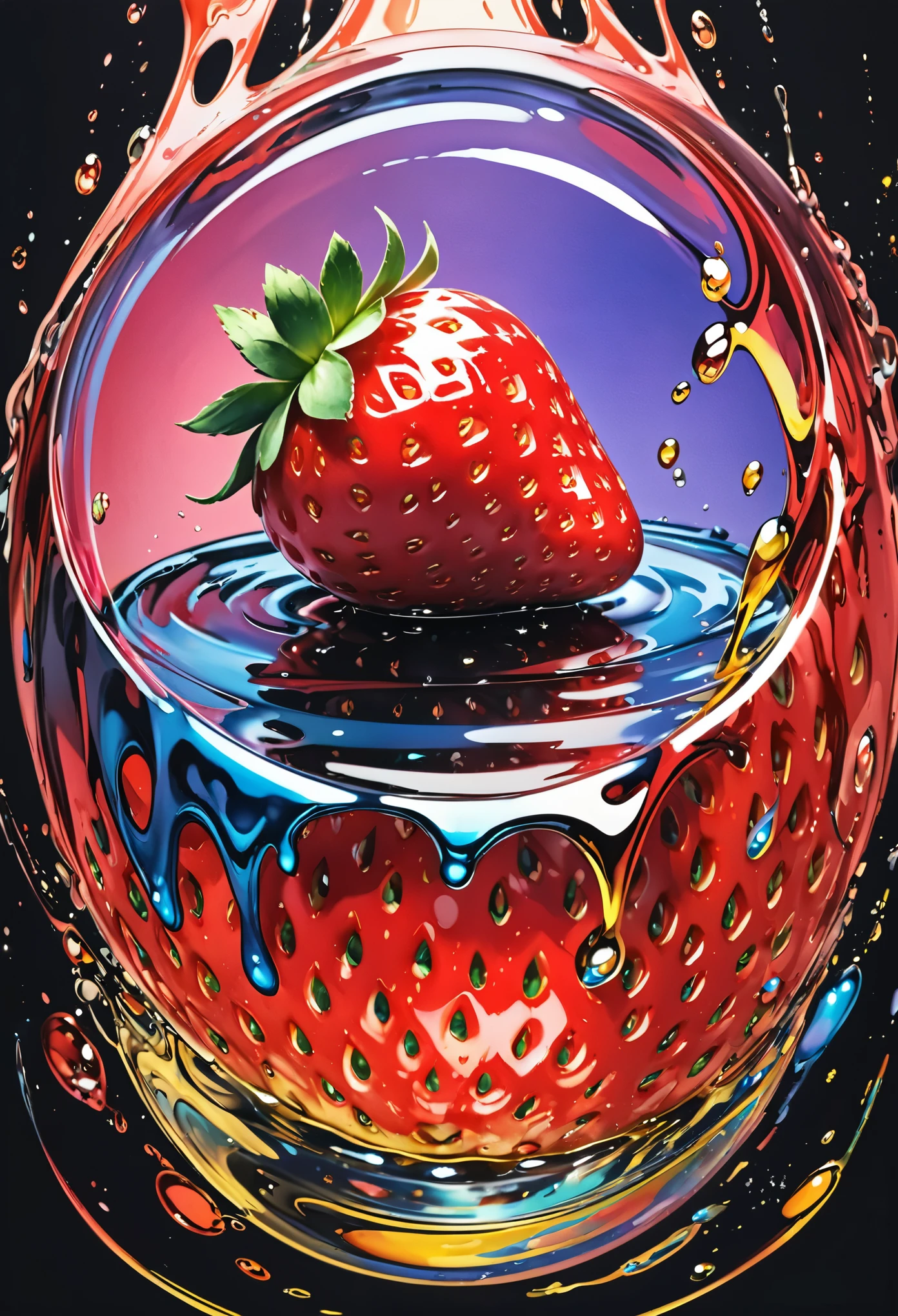 (a giant single strawberry), fresh effect, shading effects, gradation magic effects, background black shine, (ultra detailed, absolutely resolution, best quality:1.3), 2.5D, delicate and dynamic, artistic photography, hyper realistic, graphic CG digital art, conceptual installation pop art, colorful, fusion of watercolors and oil paintings,