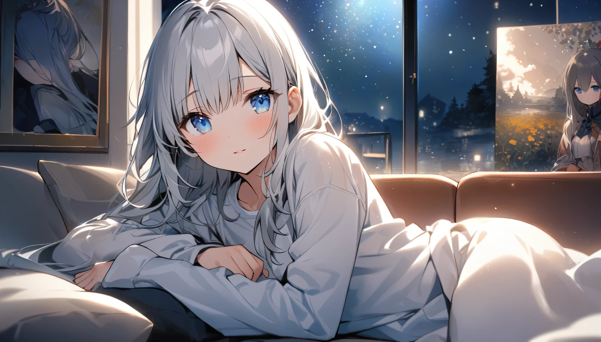 Night sky from large windows、A peaceful corner of the room at night。A young woman with silver hair is lying on a sofa、He is looking at me with a gentle expression。Her blue eyes sparkle、The soft light reflects off her hair.。She was wearing a loose, light-colored, long-sleeved shirt.、There is a relaxed atmosphere。The background is decorated with posters and paintings.、A unique and warm space。It creates a quiet and peaceful scene.。
