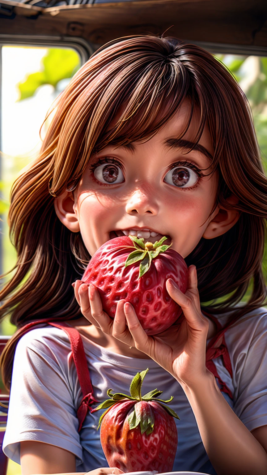 A girl biting into a large strawberry