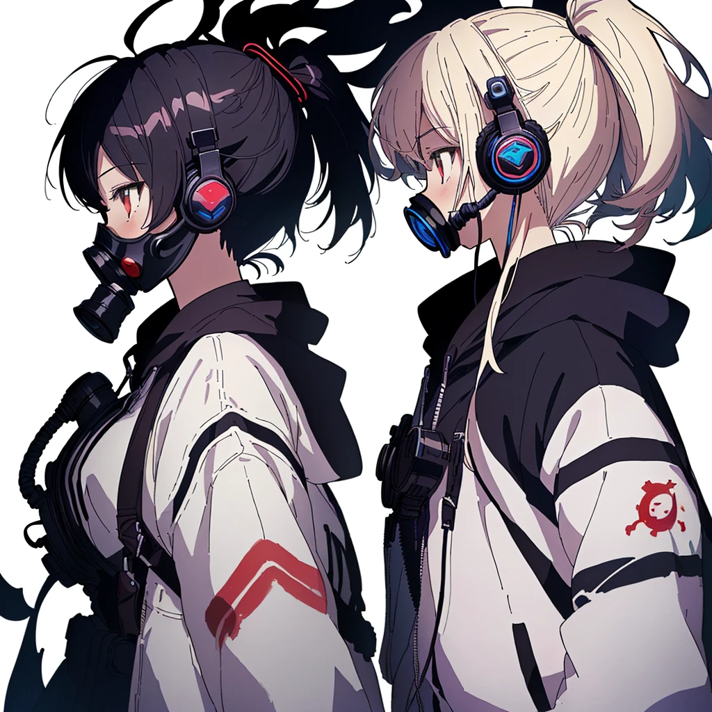 1girl,(((Highest quality、Masterpiece、Official Art、Super detailed、Anime Style、The best dynamic composition、profile、Perfect Anatomy)))、 Headphones, hoodie, Vibrant colors, neon, White background、gas mask、They're holding guns to each other's chests、