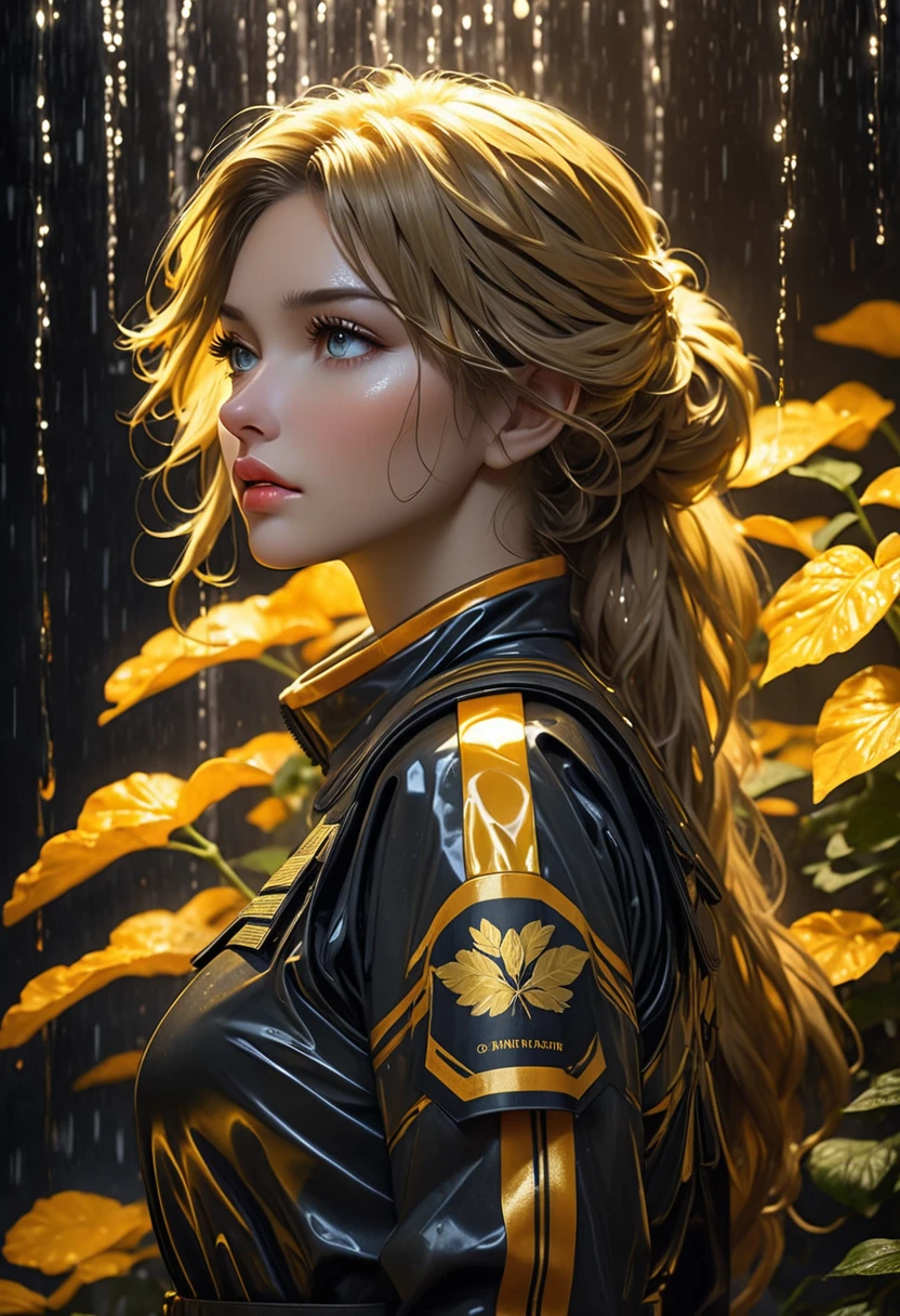 ((best quality)), ((artwork))
In a dimly lit, cold room with dark gray walls and flickering fluorescent lights, a  female figure stands out against the bleak backdrop. Her Greek features are accentuated by the harsh lighting, showcasing her full lips and toned physique beneath her black tactical uniform. Dark blonde hair cascades down her back like a waterfall of gold, with a subtle luminescence that hints at an otherworldly essence. Her eyes burn with a light yellow and orange intensity, radiating an aura of isolation and apathy. As she stands frozen in thought, the scent of patchouli and bergamot wafts through the air, a subtle reminder of her dedication to her mysterious mission.