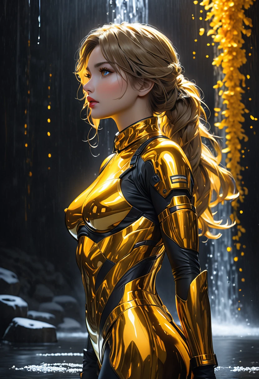 ((best quality)), ((artwork))
In a dimly lit, cold room with dark gray walls and flickering fluorescent lights, a  female figure stands out against the bleak backdrop. Her Greek features are accentuated by the harsh lighting, showcasing her full lips and toned physique beneath her black tactical uniform. Dark blonde hair cascades down her back like a waterfall of gold, with a subtle luminescence that hints at an otherworldly essence. Her eyes burn with a light yellow and orange intensity, radiating an aura of isolation and apathy. As she stands frozen in thought, the scent of patchouli and bergamot wafts through the air, a subtle reminder of her dedication to her mysterious mission.