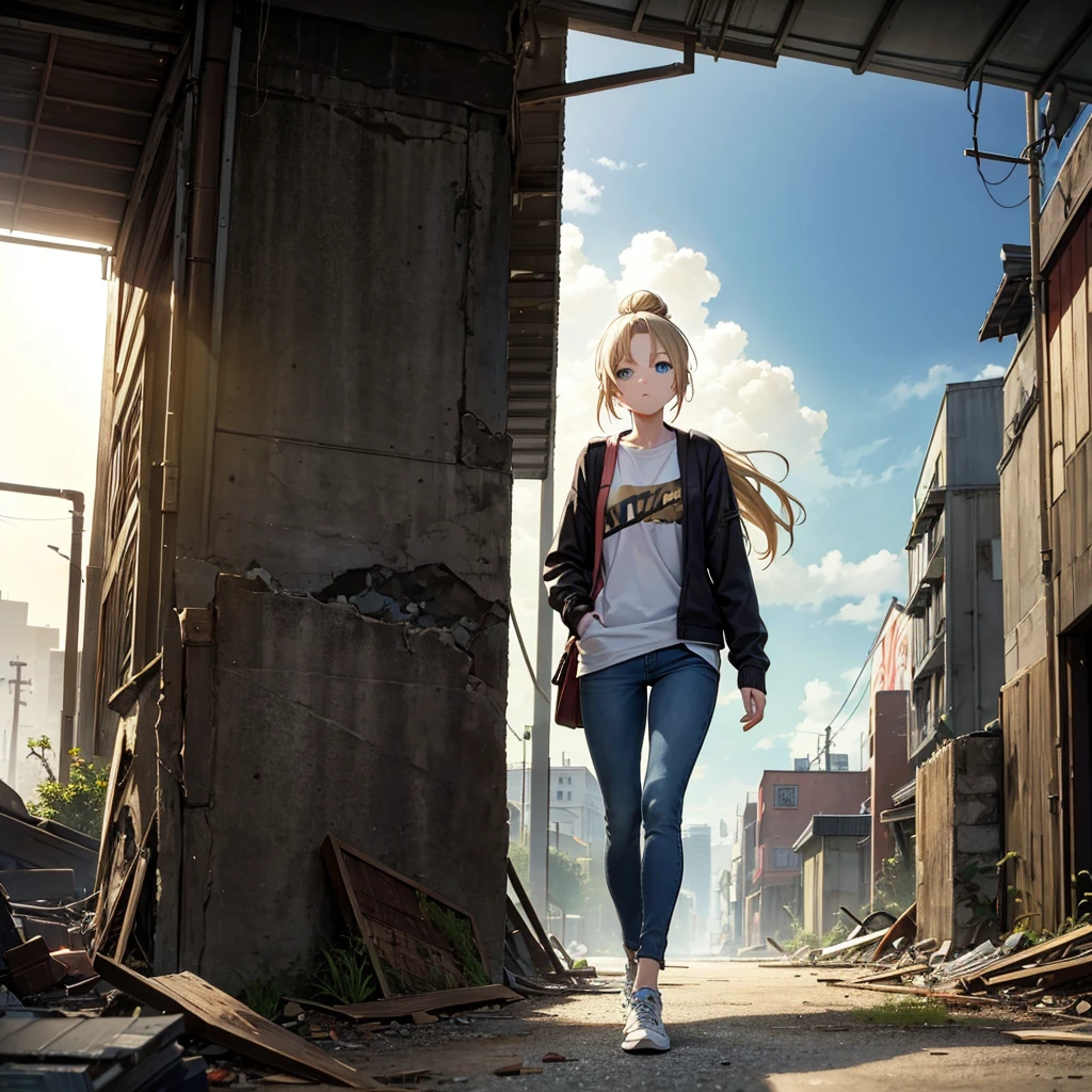 A slender teenage girl with long blonde hair tied in a messy ponytail or bun. She has large, expressive blue eyes that reflect her shyness and innocence, with a slightly nervous but curious expression. Wears simple, practical clothing in neutral, muted tones, including a lightweight fabric jacket and worn-out jeans or comfortable pants. Her shoes are sturdy sneakers fit for running. Carries a small, worn but functional backpack or crossbody bag, with visible books or notebooks. In a post-apocalyptic setting with collapsed buildings and vegetation among debris, under a cloudy sky with occasional sunlight rays. The scene conveys a sense of caution and hope. Melanie is in a defensive posture, hiding or exploring her surroundings. Realistic art style, soft and muted colors with a hint of youthful vibrancy. Gentle lighting emphasizes her facial expression and eyes.