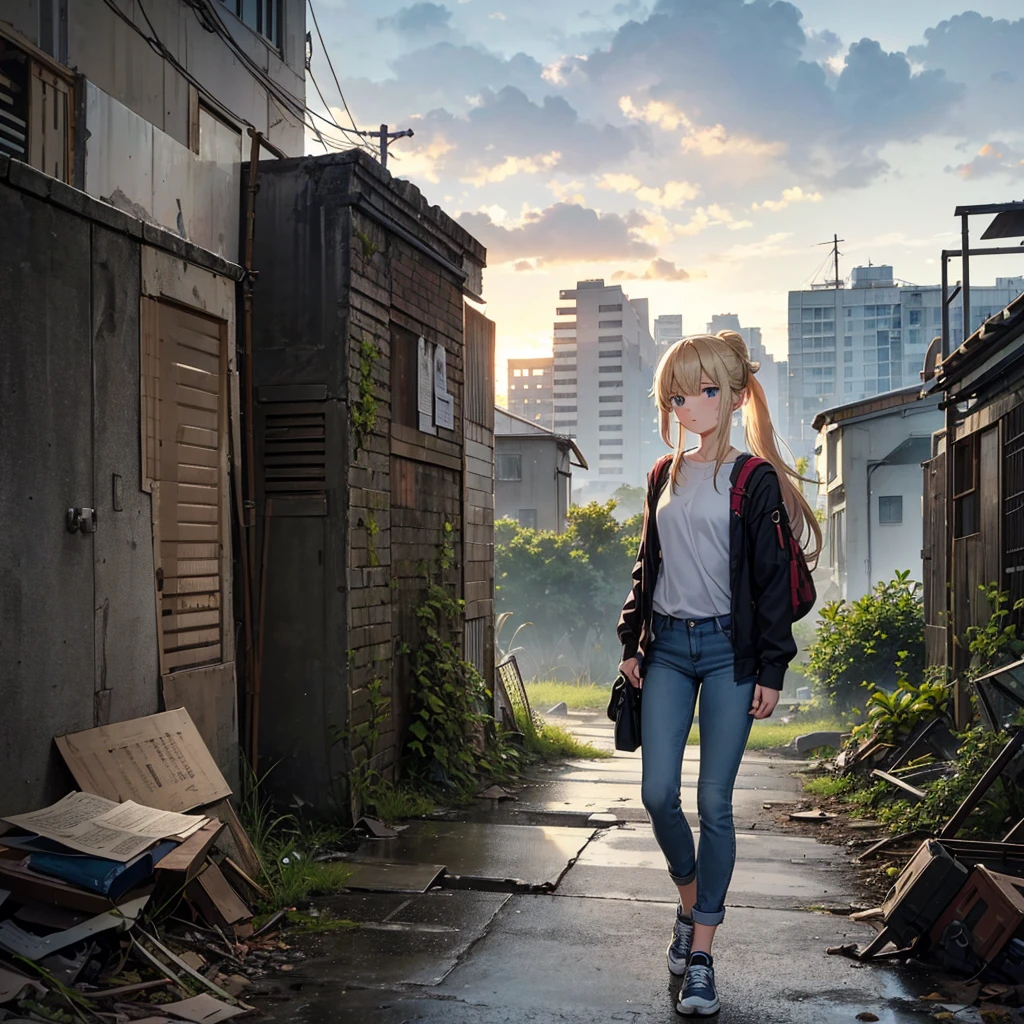 A slender age girl with long blonde hair tied in a messy ponytail or bun. She has large, expressive blue eyes that reflect her shyness and innocence, with a slightly nervous but curious expression. Wears simple, practical clothing in neutral, muted tones, including a lightweight fabric jacket and worn-out jeans or comfortable pants. Her shoes are sturdy sneakers fit for running. Carries a small, worn but functional backpack or crossbody bag, with visible books or notebooks. In a post-apocalyptic setting with collapsed buildings and vegetation among debris, under a cloudy sky with occasional sunlight rays. The scene conveys a sense of caution and hope. Melanie is in a defensive posture, hiding or exploring her surroundings. Realistic art style, soft and muted colors with a hint of youthful vibrancy. Gentle lighting emphasizes her facial expression and eyes.