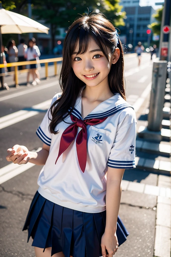 lens: 135mm f1.8, 8K,(Highest quality),(RAW Photos), (Tabletop:1.0), (Beautiful Japanese girl), Cute Face, (Deeply chiseled face:0.6), (freckles:0.1), dappled sunlight, Dramatic lighting, (Japanese School Uniform),(Sailor suit)、Navy Blue Skirt、 (On the platform of a city station), shy, (Close-up shot:0.5), (smile),, (Sparkling eyes)、(sunlight),((Run:1.5))、