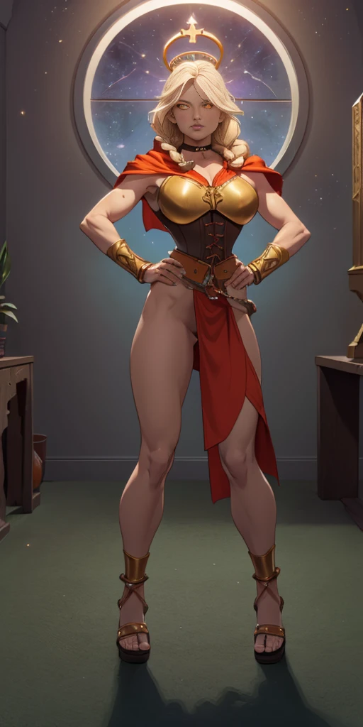 paladin lady in ornate golden armor, black collar, pauldrons, breastplate, corset, glowing halo, single braid, blonde, yellow glowing eyes, bright pupils, eye focus, red cape, temple indoors, stained glass windows, night, moonlight, particles, light beam, chromatic aberration, (full body, whole body. 1solo (girl). slave fighter, loincloth standing, hands on hips full body, whole body. 1solo (girl). slave fighter, loincloth standing, hands on hips, metal sandals, backpack, choker, big belt, view from below, feet together, bracers, tiara)