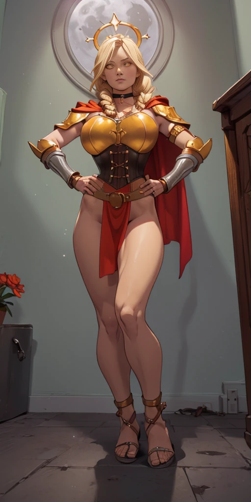 paladin lady in ornate golden armor, black collar, pauldrons, breastplate, corset, glowing halo, single braid, blonde, yellow glowing eyes, bright pupils, eye focus, red cape, temple indoors, stained glass windows, night, moonlight, particles, light beam, chromatic aberration, (full body, whole body. 1solo (girl). slave fighter, loincloth standing, hands on hips full body, whole body. 1solo (girl). slave fighter, loincloth standing, hands on hips, metal sandals, backpack, choker, big belt, view from below, feet together, bracers, tiara)