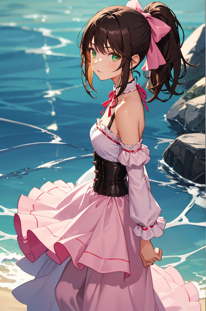 1girl, solo, cowboy shot, facing viewer, medium hair, ponytail, sidelocks, brown hair, green eyes, toned, medium breasts, pink dress, frilled dress, corset, bare shoulders, ribbon-trimmed sleeves,