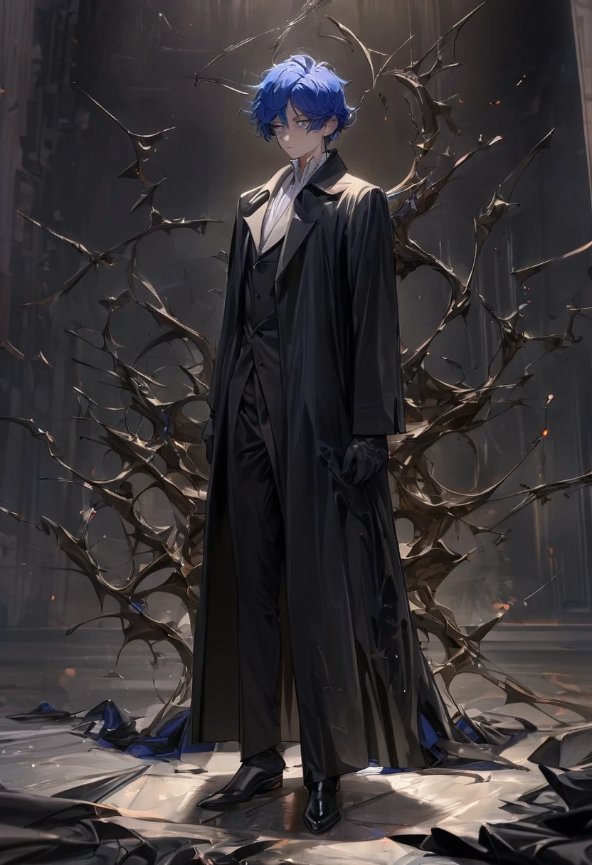 masterpiece, detailed, Best Quality, Chico, blue hair , short hair, bright Eyes , black coat, Alone, elegant, disheveled, stopped , standing, dangerous magic, Whole body , powerful black gloves, masculine