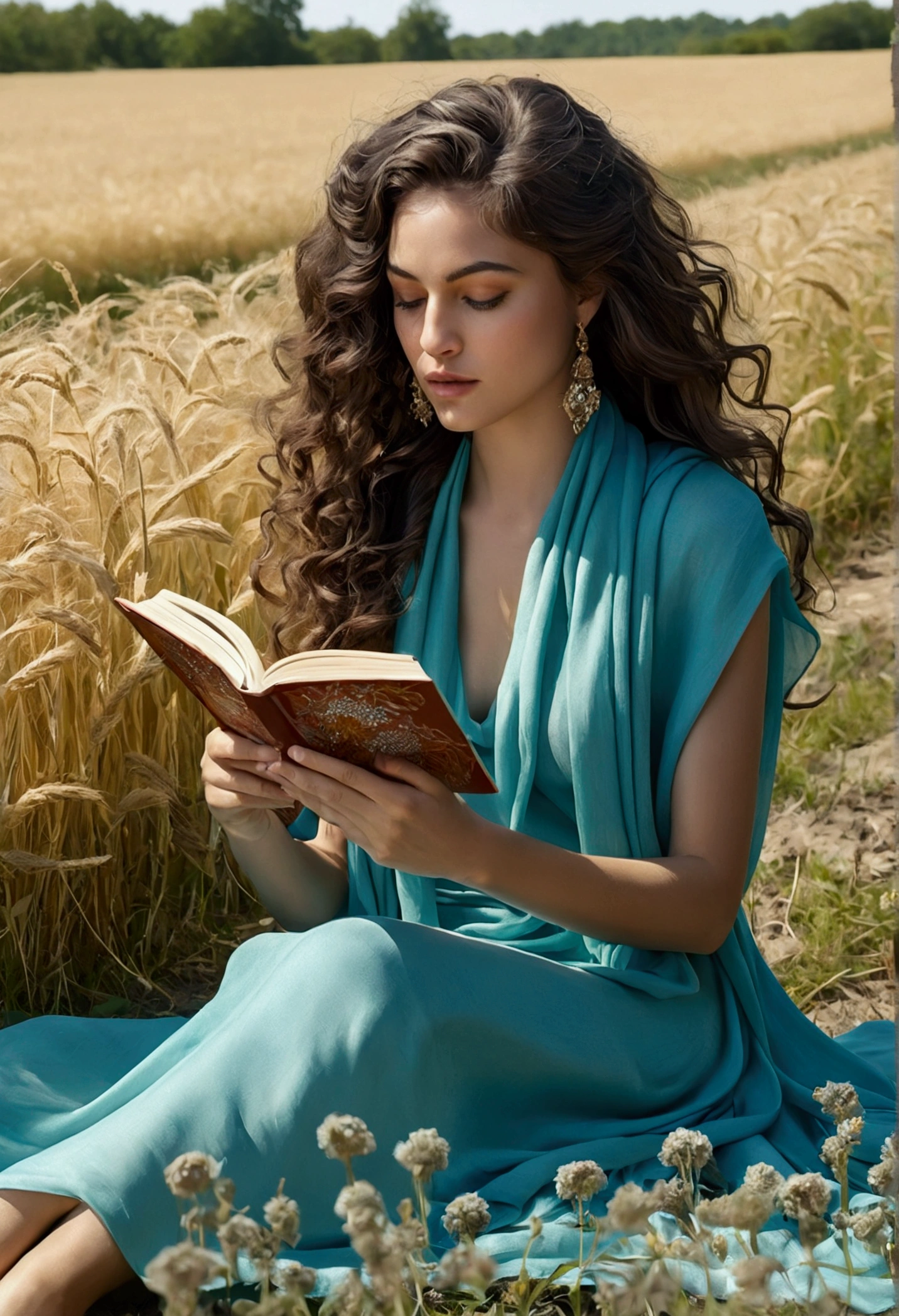 Create a detailed, sideways digital illustration of a woman, ((sitting, reading in a field)), with striking and expressive features, in a style that mixes realism and watercolor. The woman must have penetrating and bright eyes, with an intense and direct gaze. She must have dark, curly hair that frames her face in a natural and elegant way. Long, fluid, embroidered, light turquoise blue, flowing dress. Adorn your head with a multicolored scarf, predominantly in soft shades of turquoise and beige, that wraps around your hair and falls gracefully over your locks.