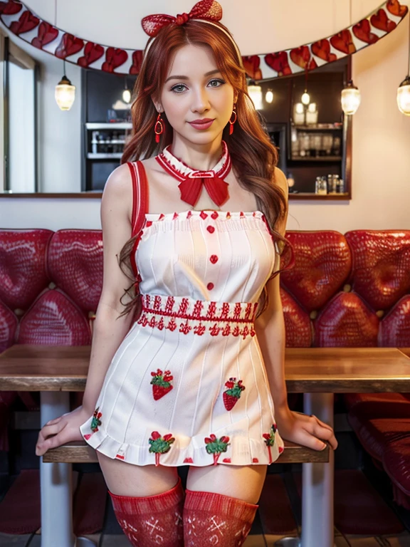 (best_quality:1.7), (hyper-realistic:1.3), 26_year_old_belgian_woman, curly_long_blonde_haired, blue_eyed, pale_skin, standing_inside_restaurant_scenery, masterpiece, highres, 8k, side_view, looking-at-viewer, smiling, (high_detail_face:1.4), eating_strawberry, wearing_strawberry_long_dress_with_strawberry_pattern, (strawberry decoration:1.5), (red ribbon:1.5), (strawberry earrings:1.5), (red knee high socks:1.5)
